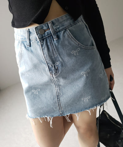 【 インパン裏地付き 】リボンプリントダメージデニムミニスカート / ribbon print damage denim mini skirt