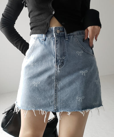 【 インパン裏地付き 】リボンプリントダメージデニムミニスカート / ribbon print damage denim mini skirt