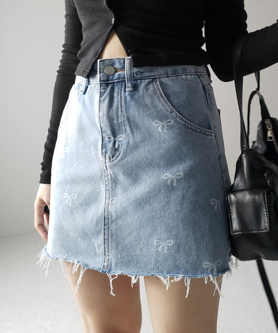 【 インパン裏地付き 】リボンプリントダメージデニムミニスカート / ribbon print damage denim mini skirt