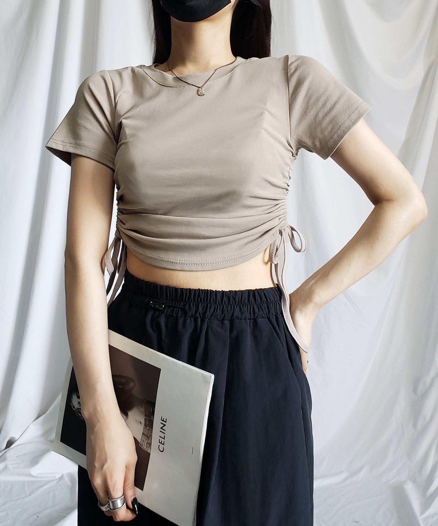 【 8color 】サイドシャーリングリボンショート半袖Tシャツ