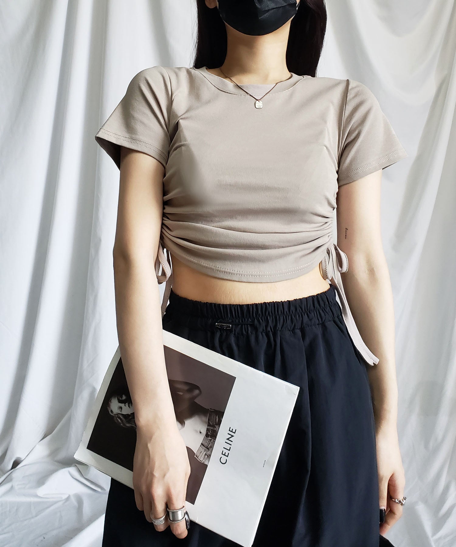【 8color 】サイドシャーリングリボンショート半袖Tシャツ