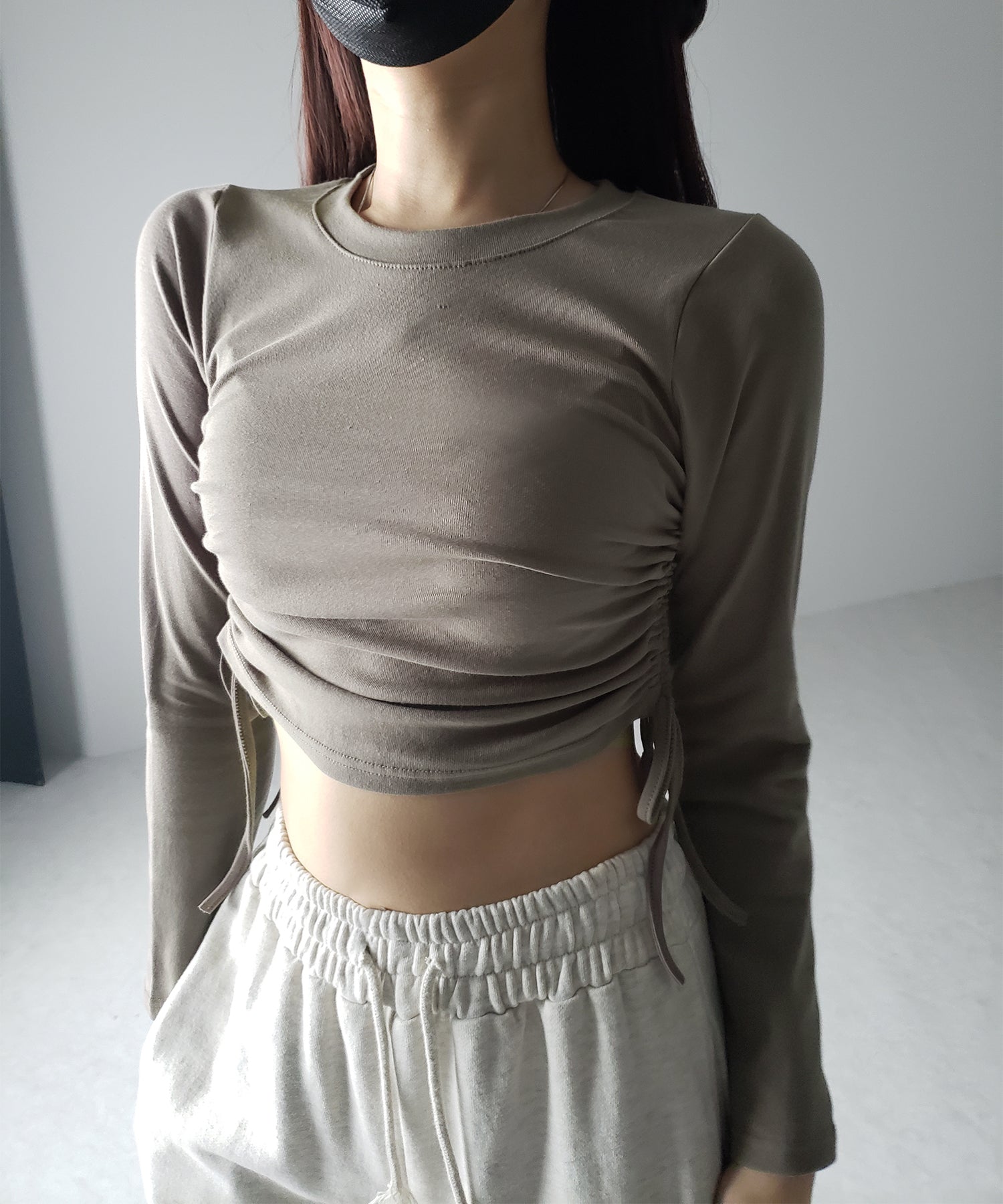 【 7color / 3size 】サイドシャーリングリボンショート長袖Tシャツ