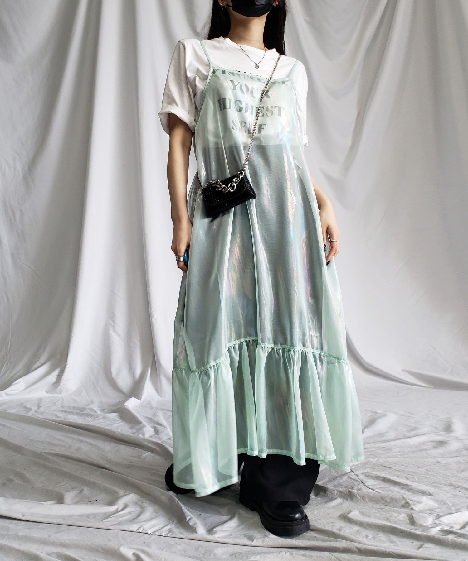 オーロラグロスオーガンジーギャザーフレアキャミワンピース / Aurora gloss organdygather flare cami onepiece