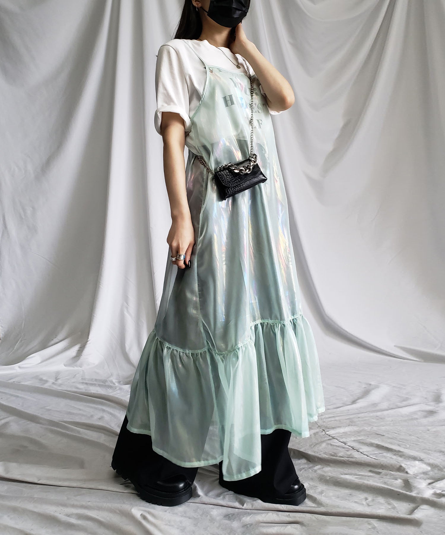 オーロラグロスオーガンジーギャザーフレアキャミワンピース / Aurora gloss organdygather flare cami onepiece