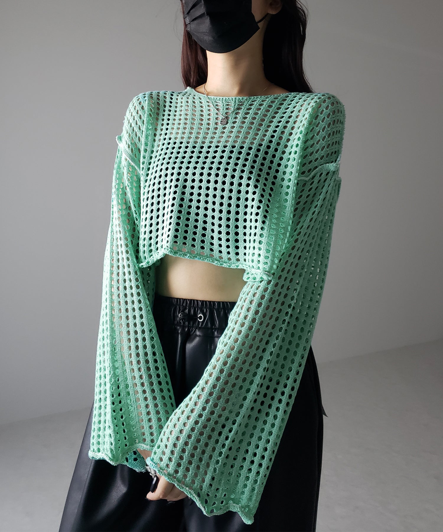【 6color 】ワイドスリーブステッチクロシェショートニット