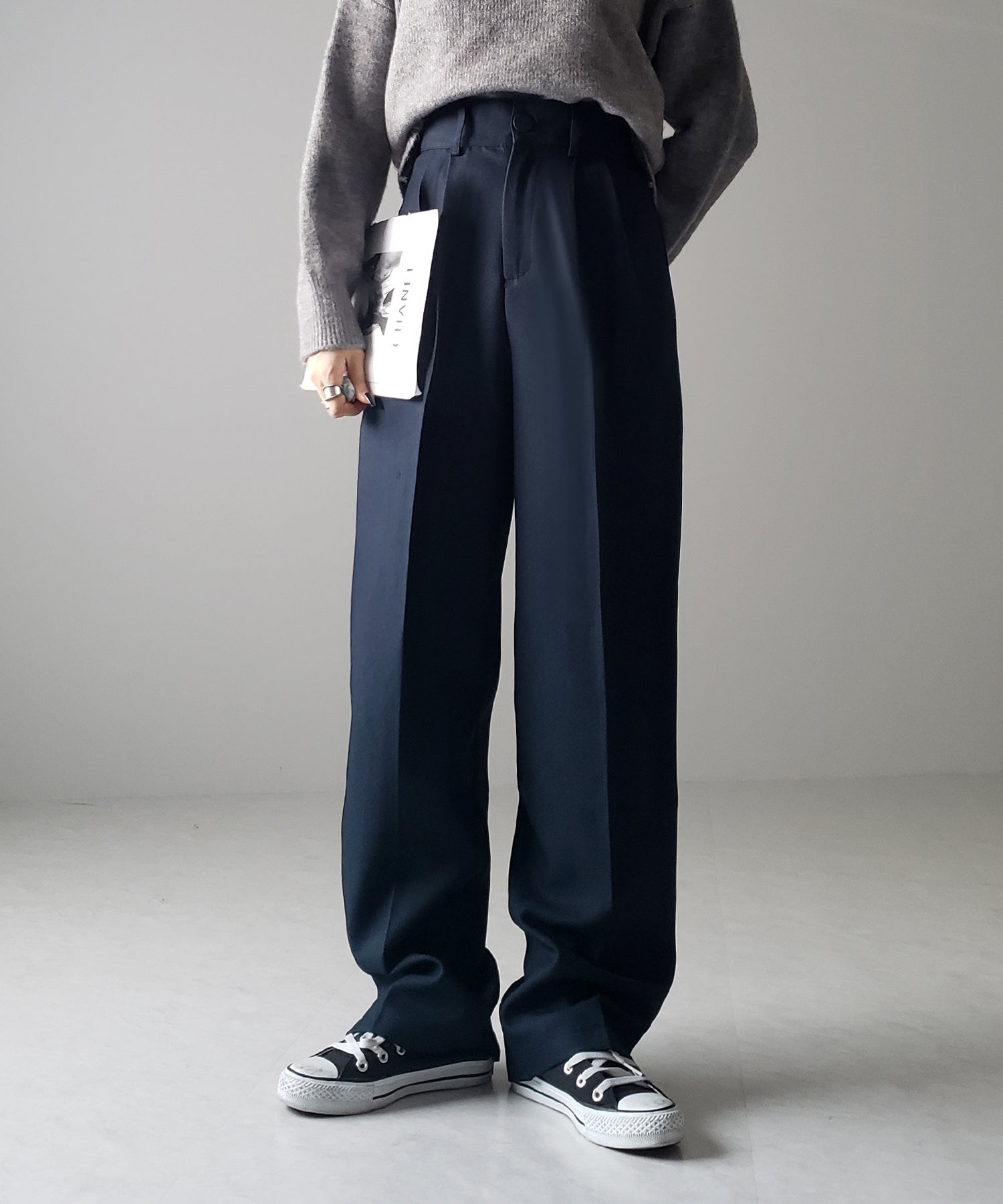 【 秋冬素材で新登場! 】太ベルトハイウエストウールライクカラータックスラックス