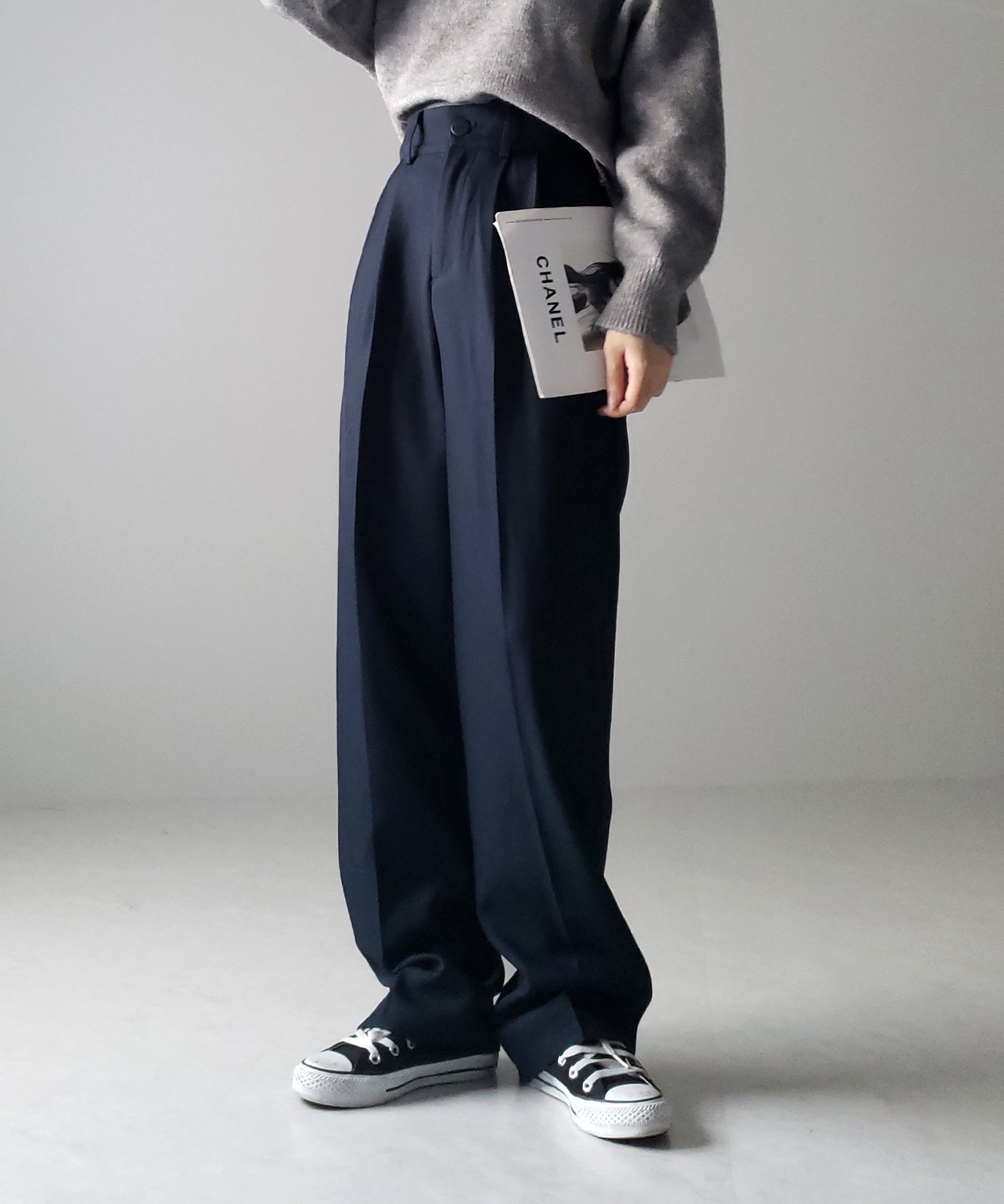 【 秋冬素材で新登場! 】太ベルトハイウエストウールライクカラータックスラックス