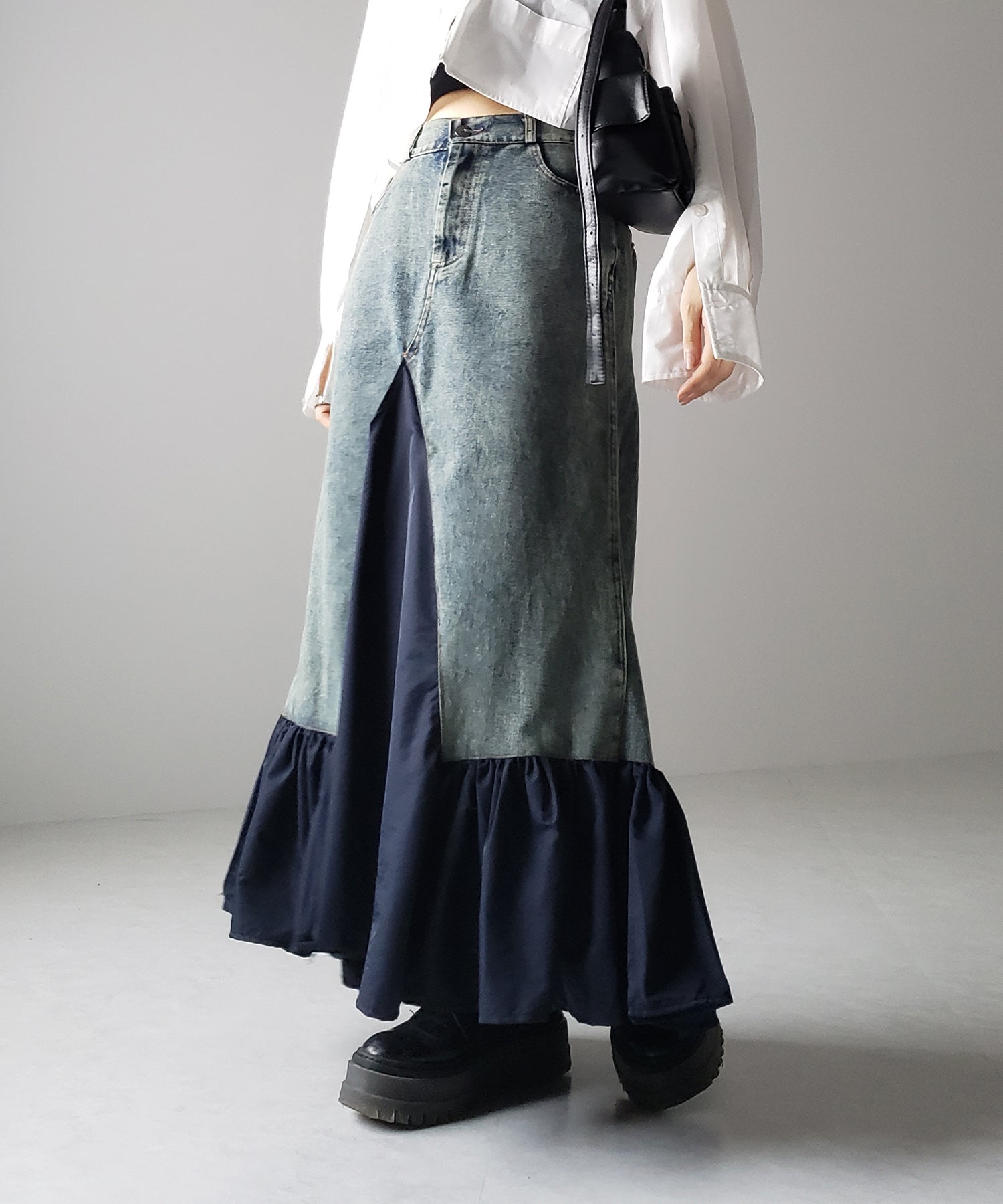 【 3color 】異素材ドッキングスリットロングデニムスカート