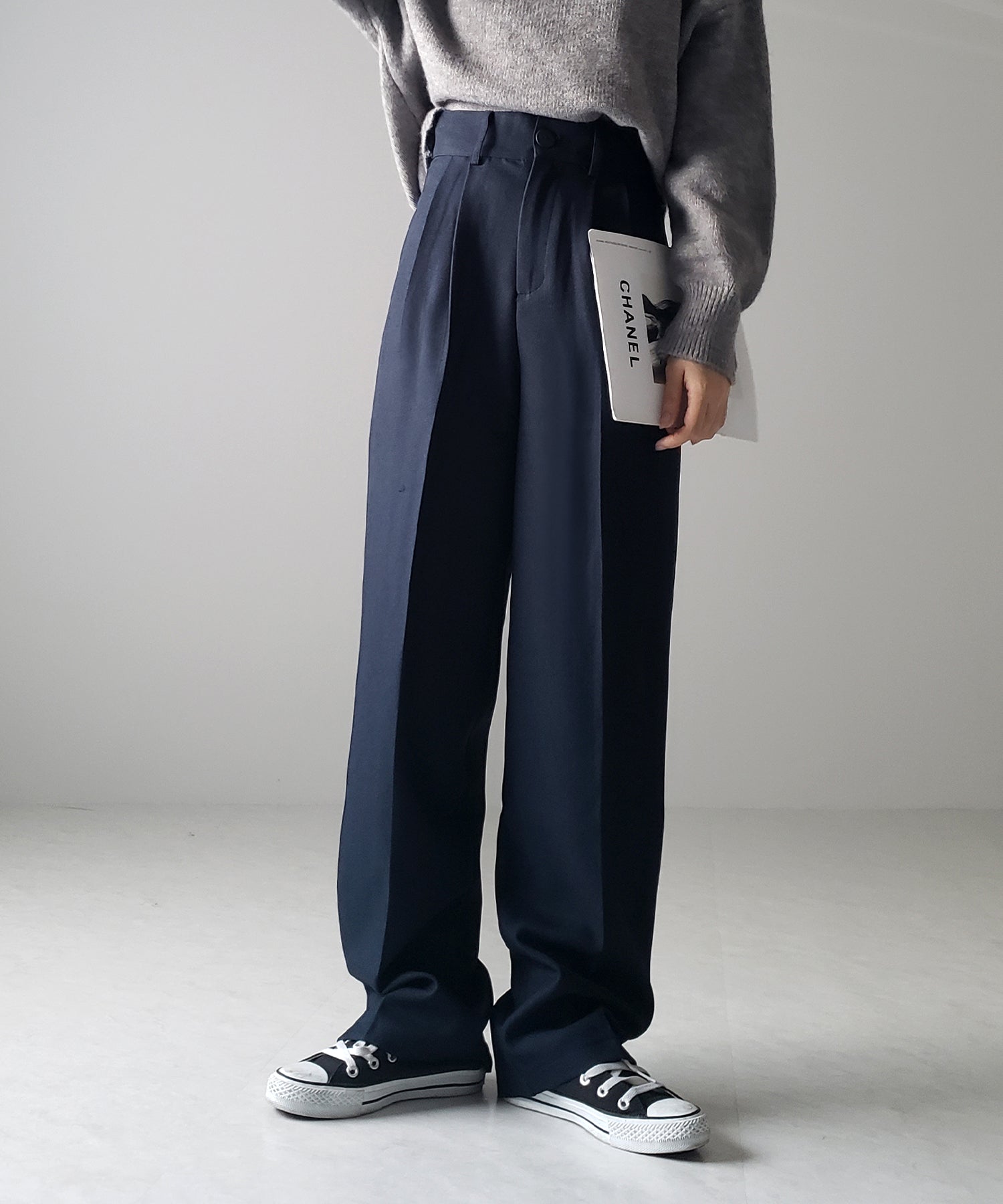 【 秋冬素材で新登場! 】太ベルトハイウエストウールライクカラータックスラックス