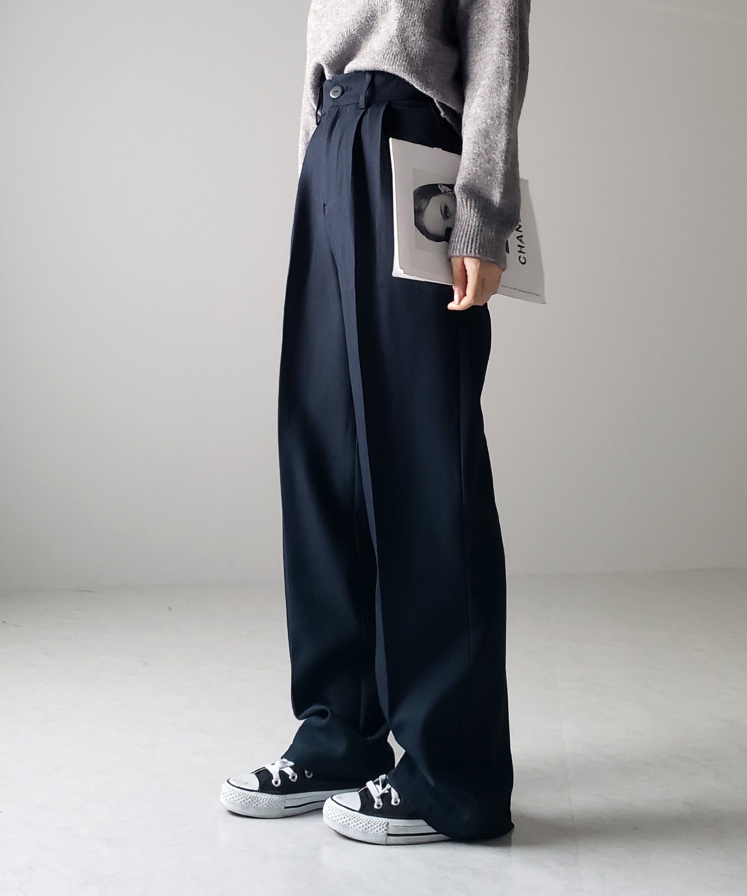 【 秋冬素材で新登場! 】太ベルトハイウエストウールライクカラータックスラックス