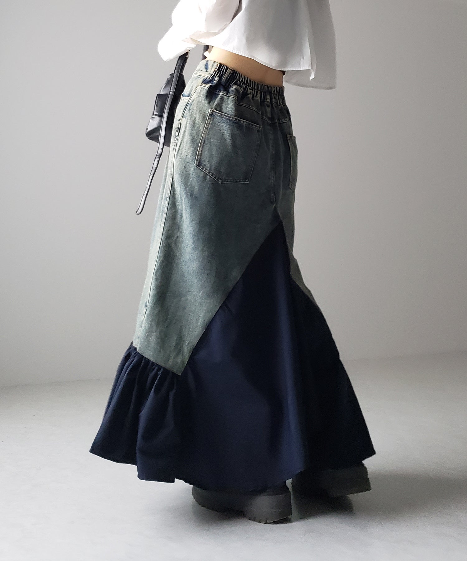 【 3color 】異素材ドッキングスリットロングデニムスカート