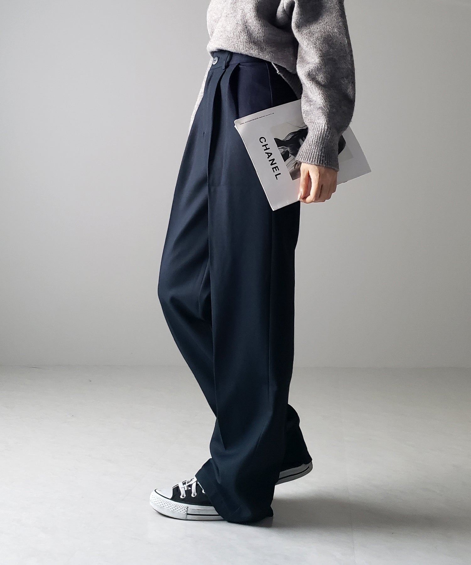 【 秋冬素材で新登場! 】太ベルトハイウエストウールライクカラータックスラックス