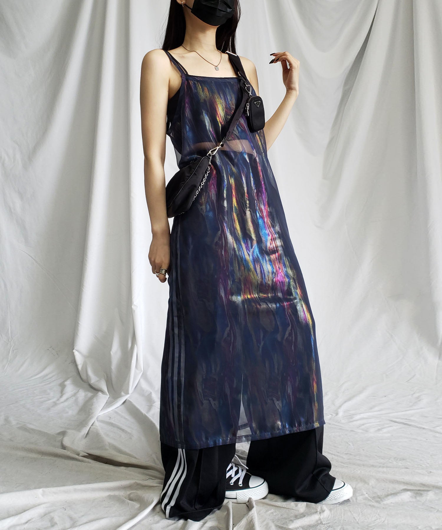 【 3color 】オーロラグロスオーガンジーバックスリットストレートキャミワンピース / Aurora gloss organdy backslit straight cami onepiece