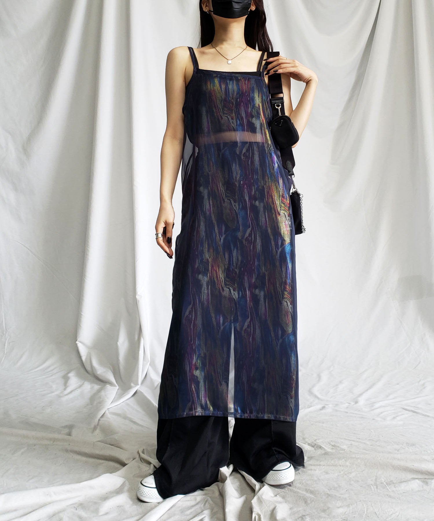 【 3color 】オーロラグロスオーガンジーバックスリットストレートキャミワンピース / Aurora gloss organdy backslit straight cami onepiece