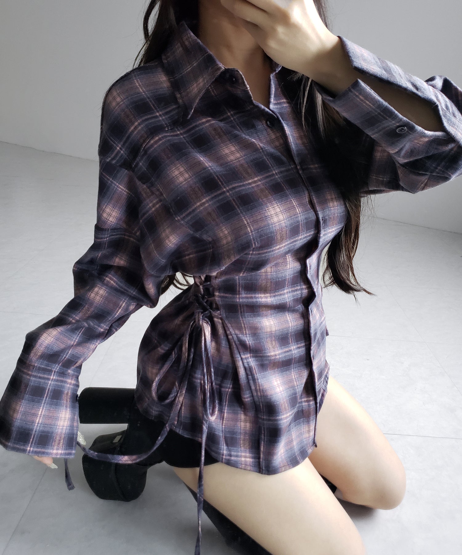 レースアップリボンスリムラインチェックネルシャツ / lace up ribbon slim line check flannel shirt