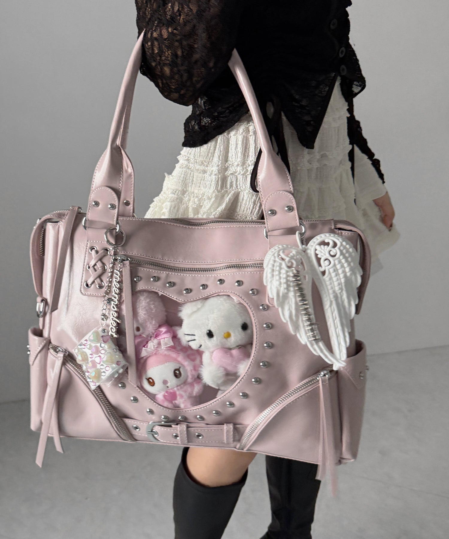 【 限定先行販売 】ハートクリアポケットスタッズフェイクレザートートバッグ / heart clear pocket studs fake leather tote bag