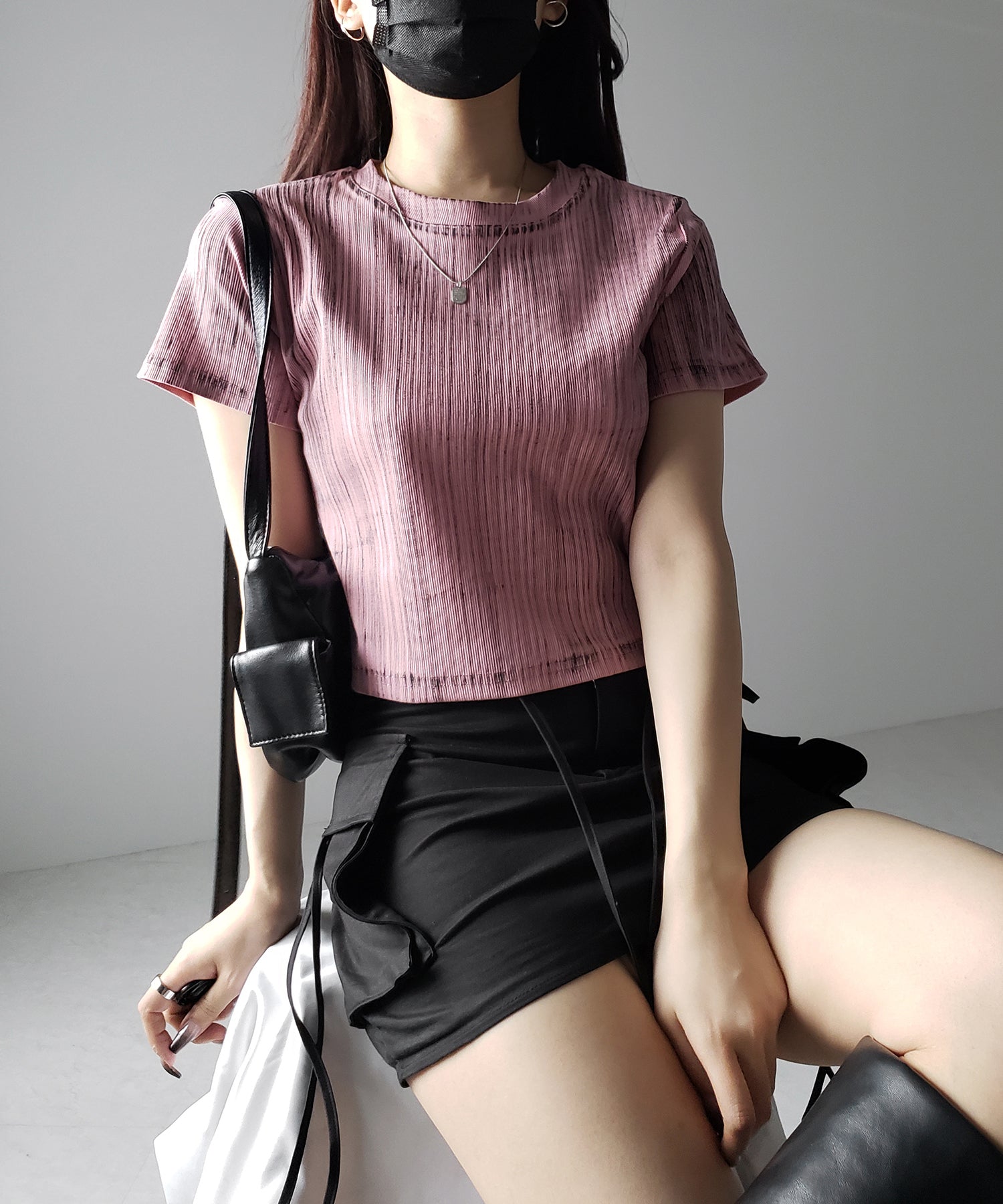 【 3color 】ヴィンテージプリントクロップドリブTシャツ / vintage print cropped lib Tee