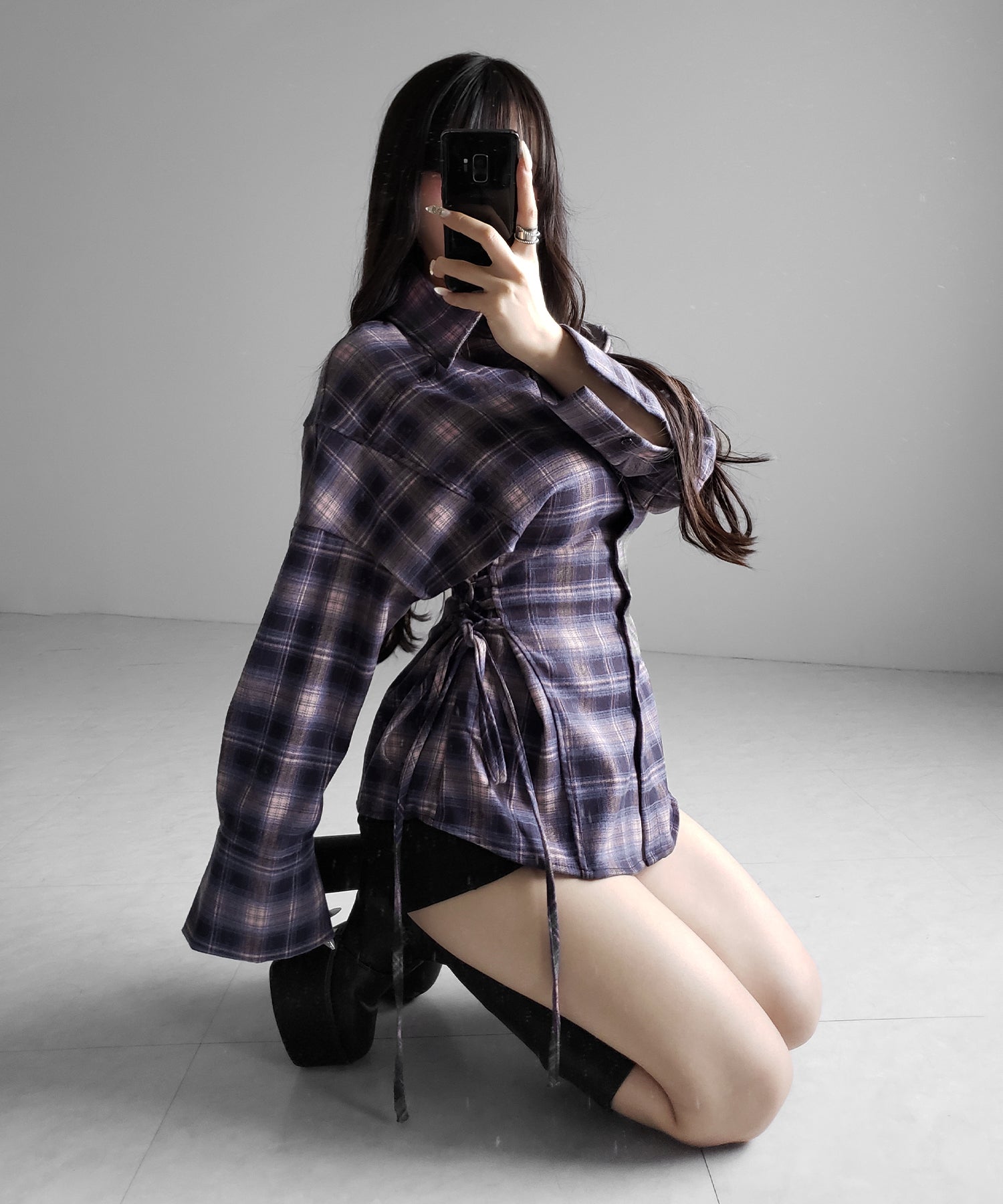レースアップリボンスリムラインチェックネルシャツ / lace up ribbon slim line check flannel shirt