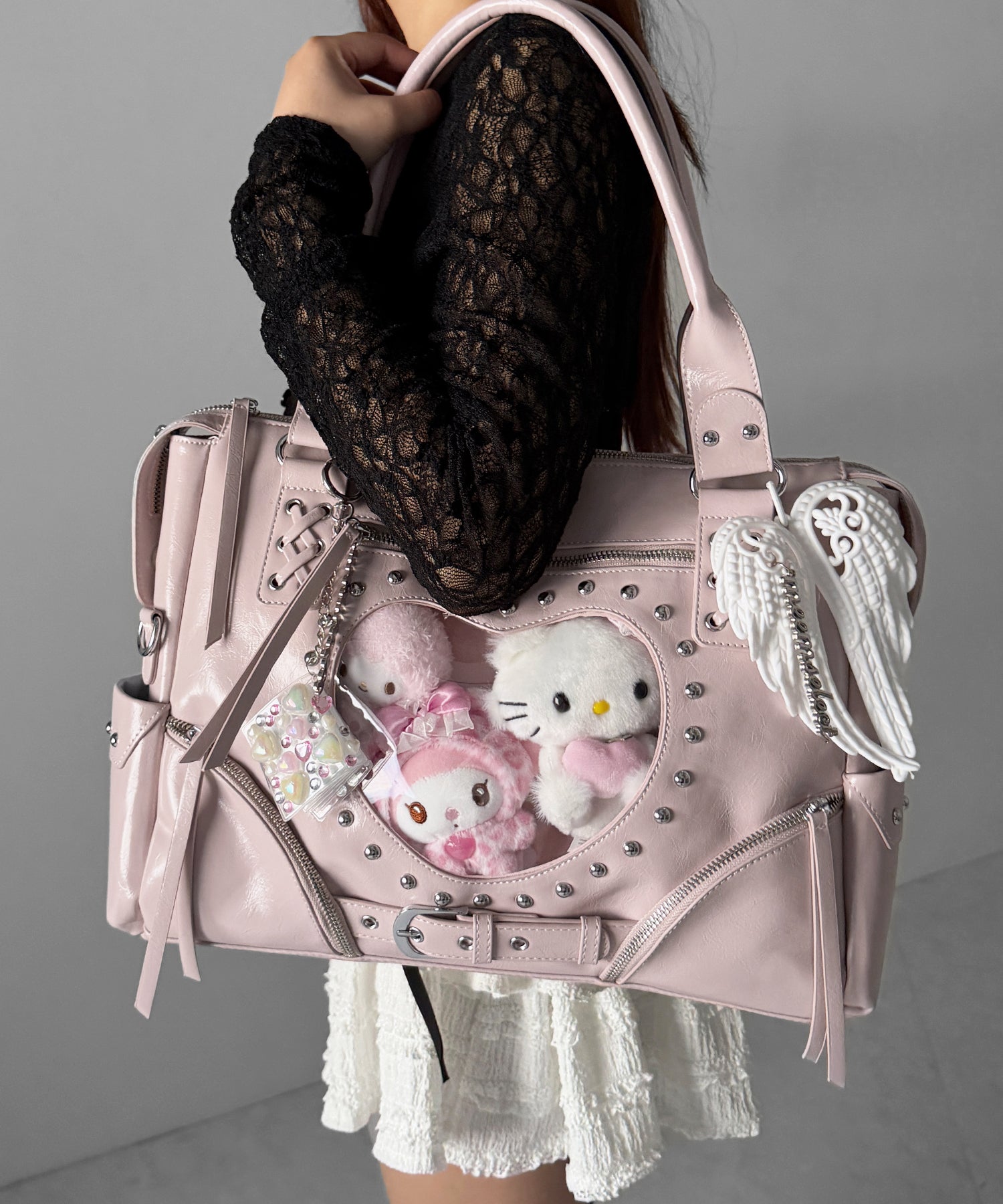 【 限定先行販売 】ハートクリアポケットスタッズフェイクレザートートバッグ / heart clear pocket studs fake leather tote bag