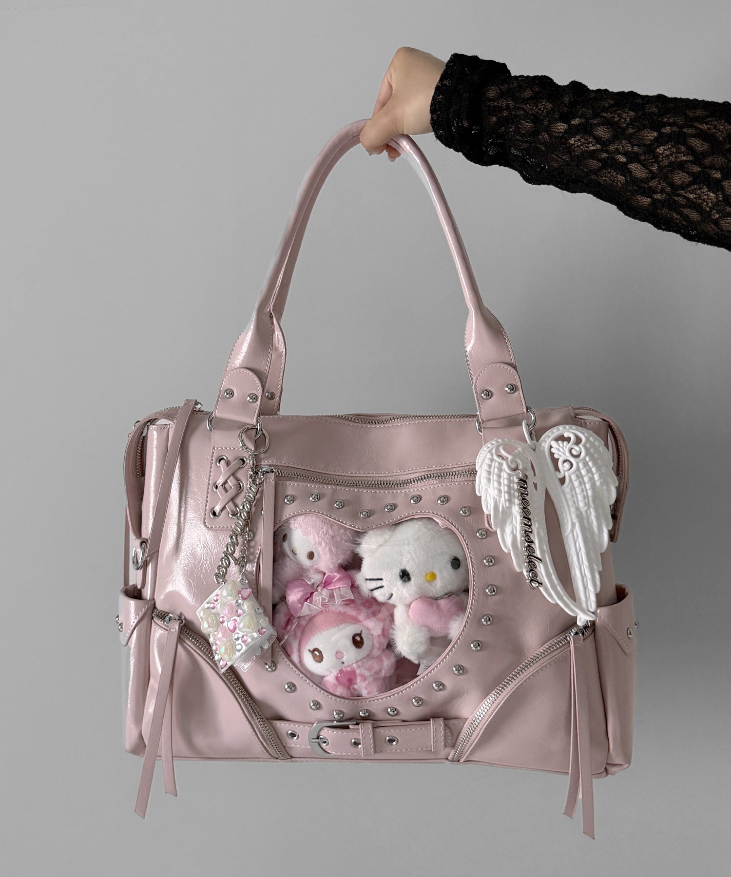 【 限定先行販売 】ハートクリアポケットスタッズフェイクレザートートバッグ / heart clear pocket studs fake leather tote bag