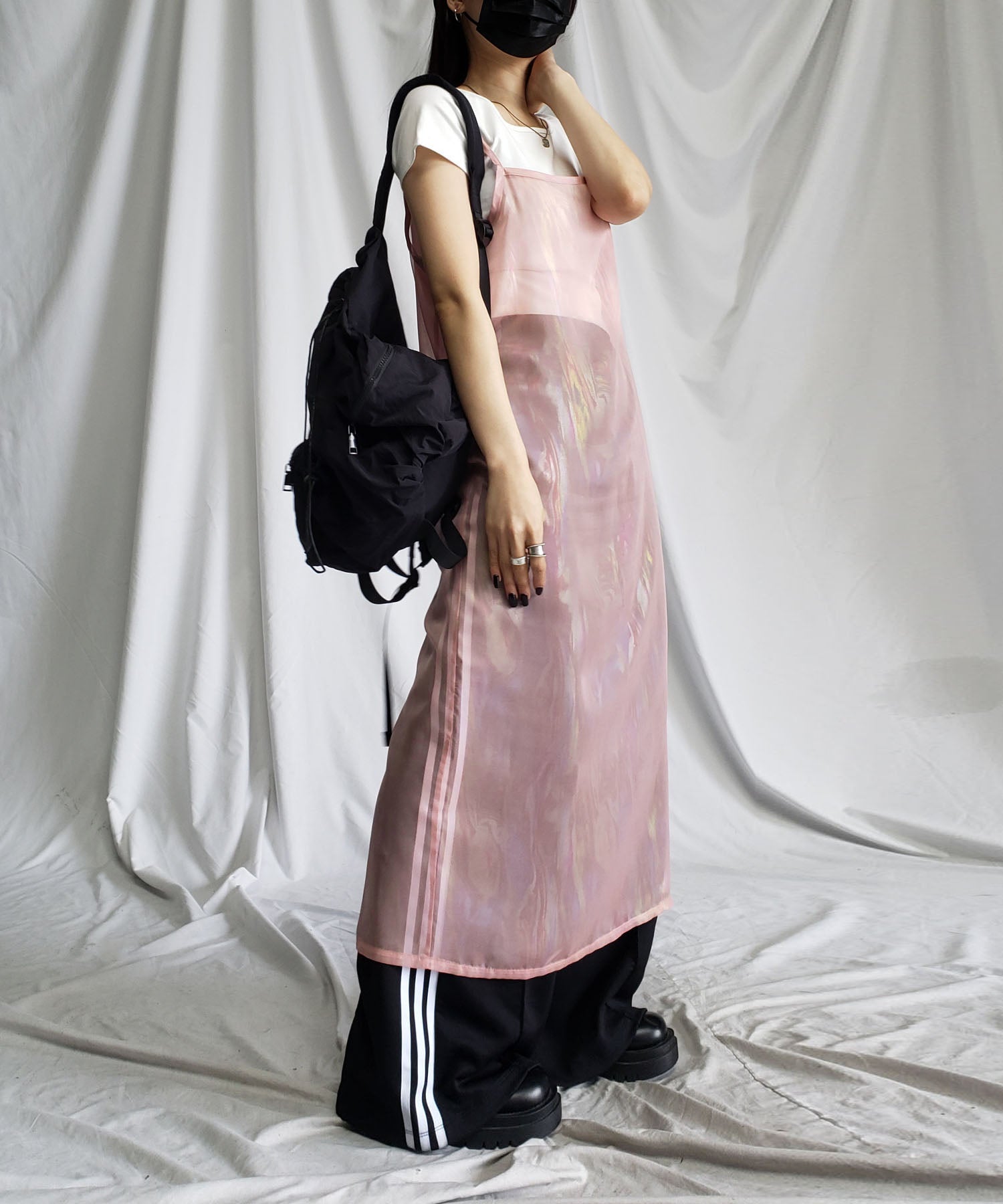 【 3color 】オーロラグロスオーガンジーバックスリットストレートキャミワンピース / Aurora gloss organdy backslit straight cami onepiece