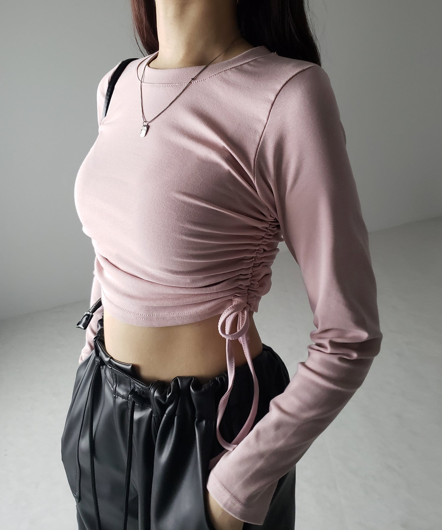 【 7color / 3size 】サイドシャーリングリボンショート長袖Tシャツ