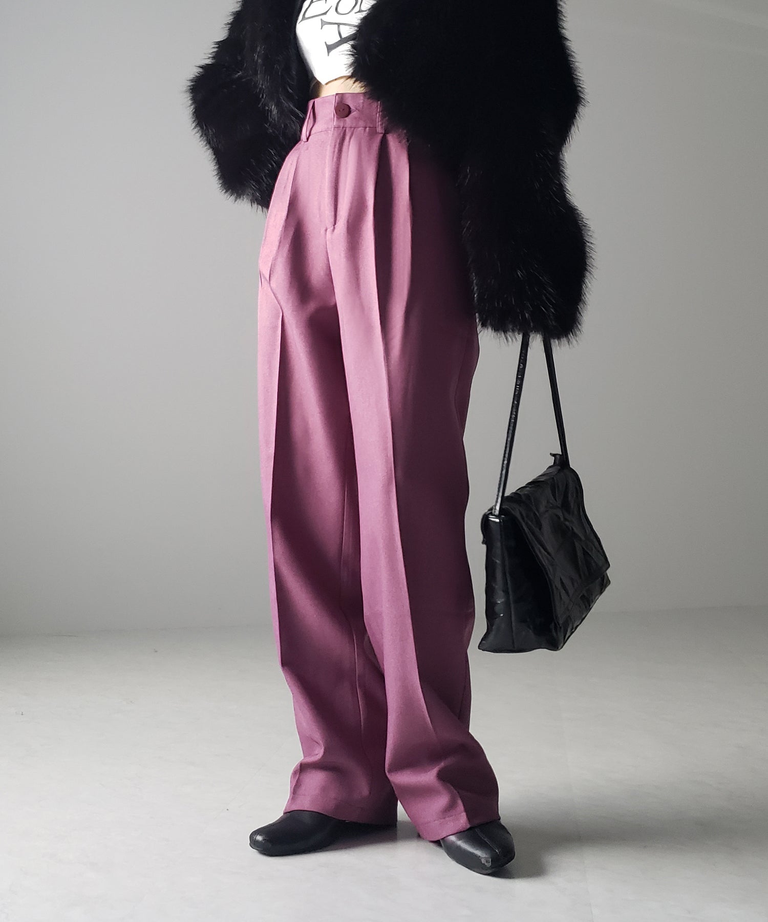 【 秋冬素材で新登場! 】太ベルトハイウエストウールライクカラータックスラックス