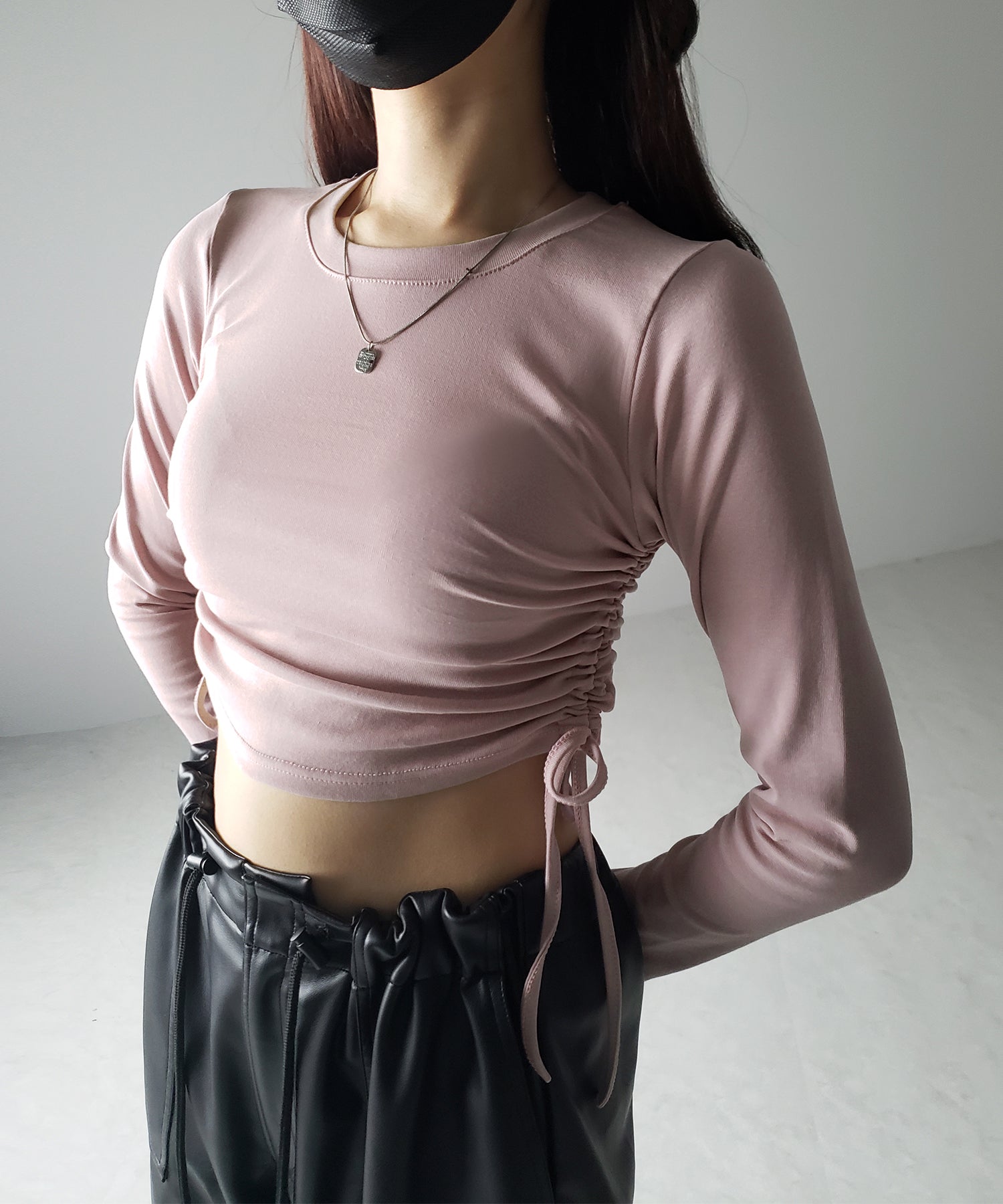 【 7color / 3size 】サイドシャーリングリボンショート長袖Tシャツ