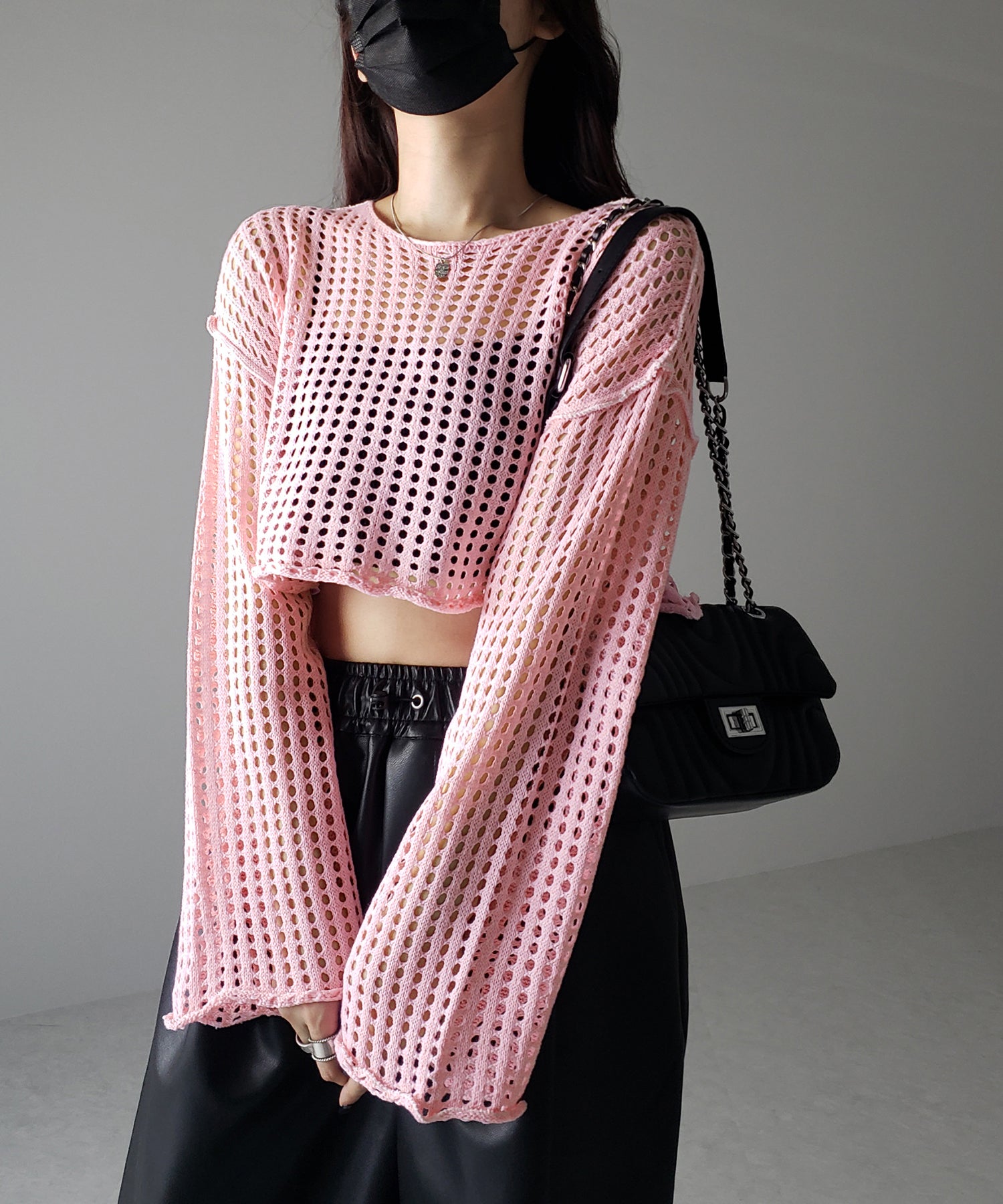 【 6color 】ワイドスリーブステッチクロシェショートニット