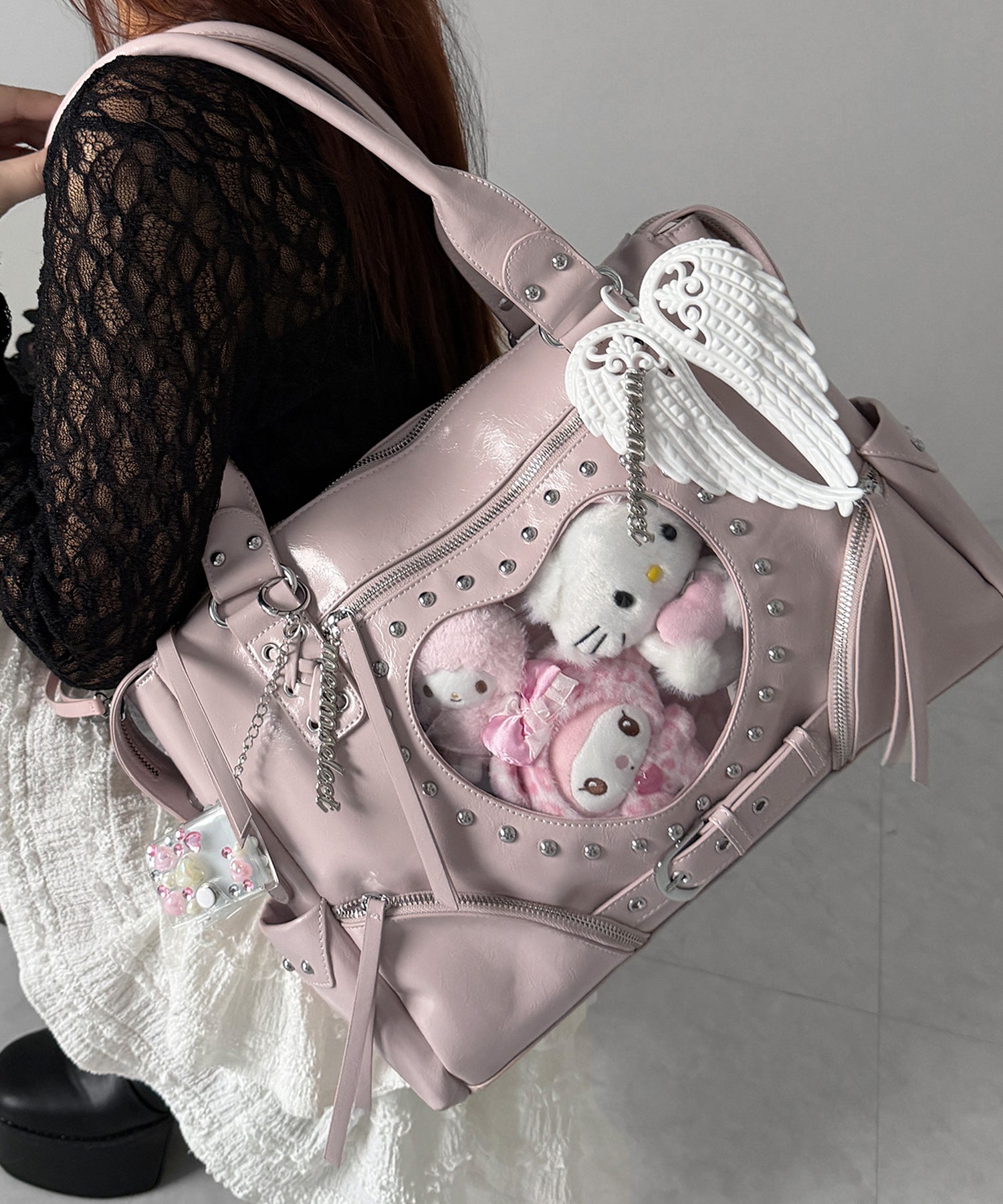 【 限定先行販売 】ハートクリアポケットスタッズフェイクレザートートバッグ / heart clear pocket studs fake leather tote bag
