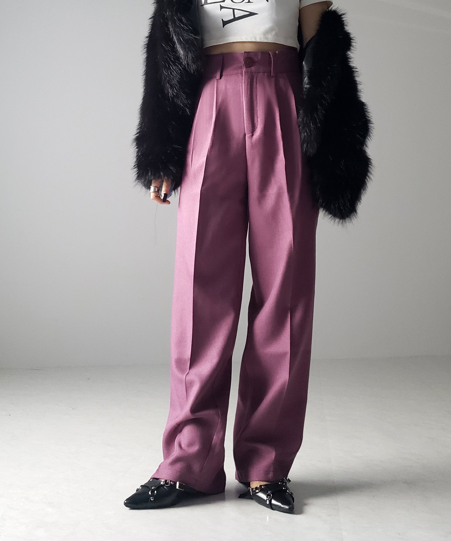 【 秋冬素材で新登場! 】太ベルトハイウエストウールライクカラータックスラックス