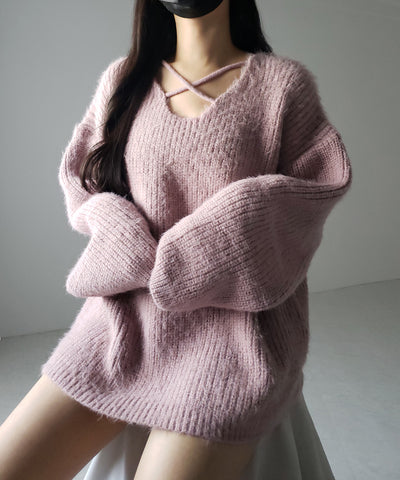 クロスストラップカットアウトルーズシャギーニット