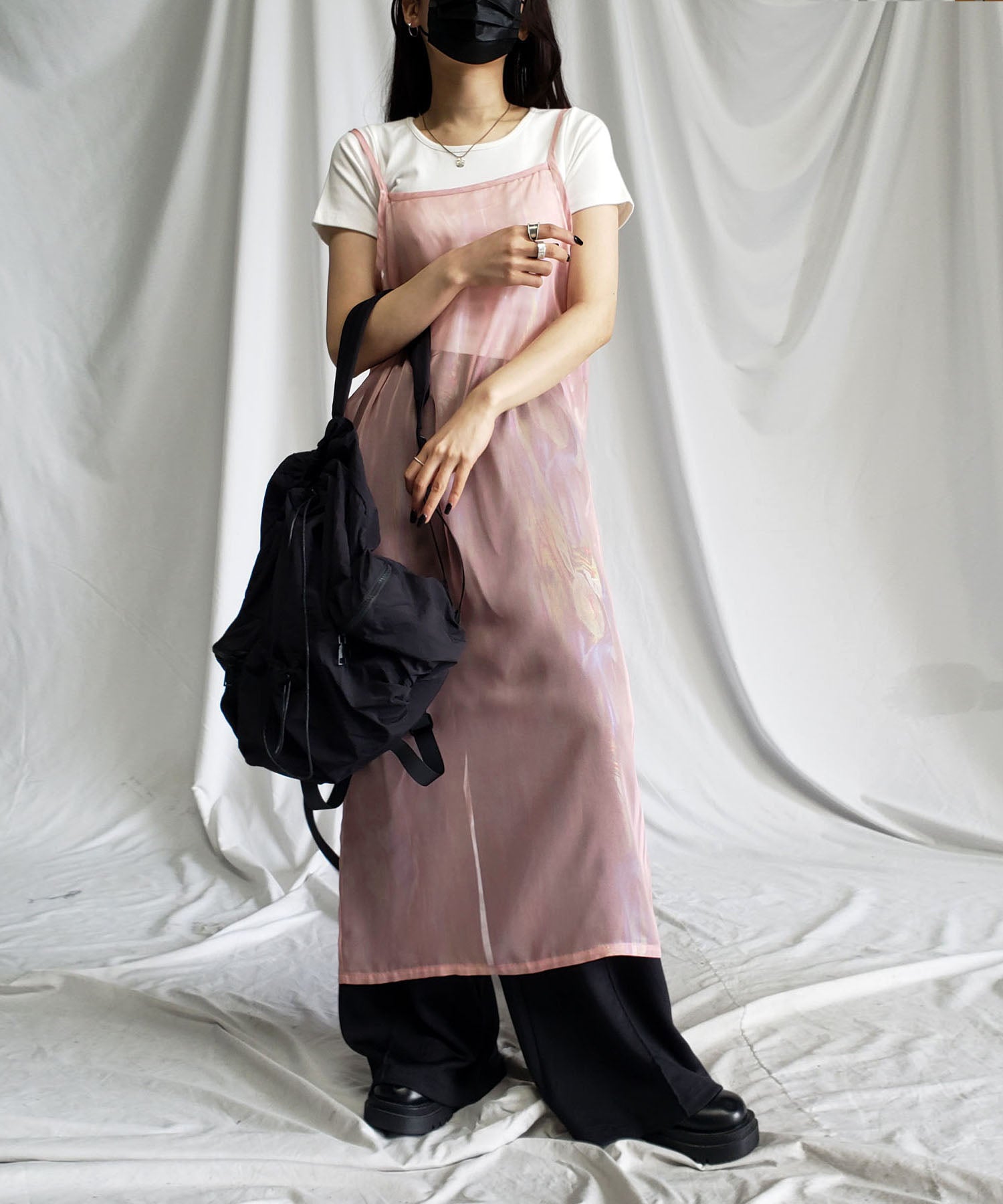 【 3color 】オーロラグロスオーガンジーバックスリットストレートキャミワンピース / Aurora gloss organdy backslit straight cami onepiece