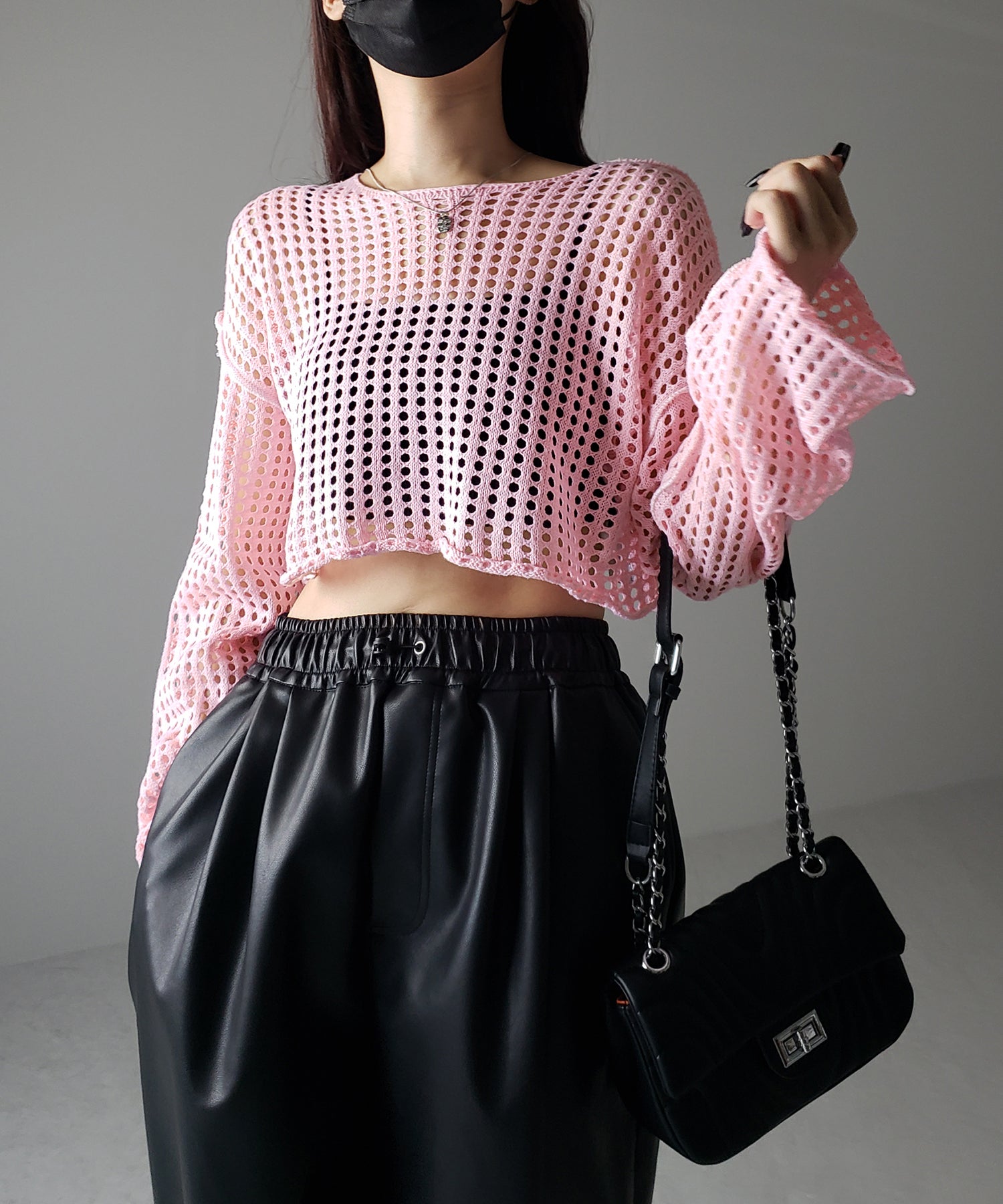 【 6color 】ワイドスリーブステッチクロシェショートニット