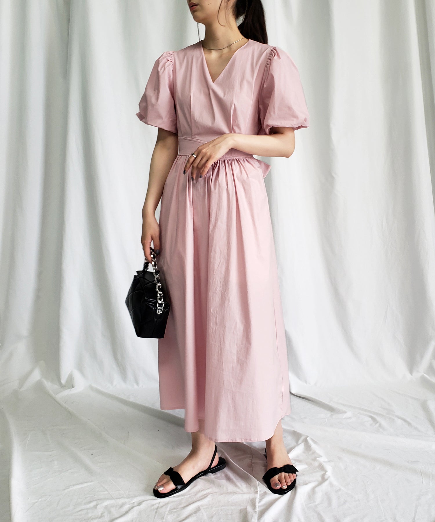【 5COLOR 】ボリュームスリーブカットアウトバックリボンワンピース