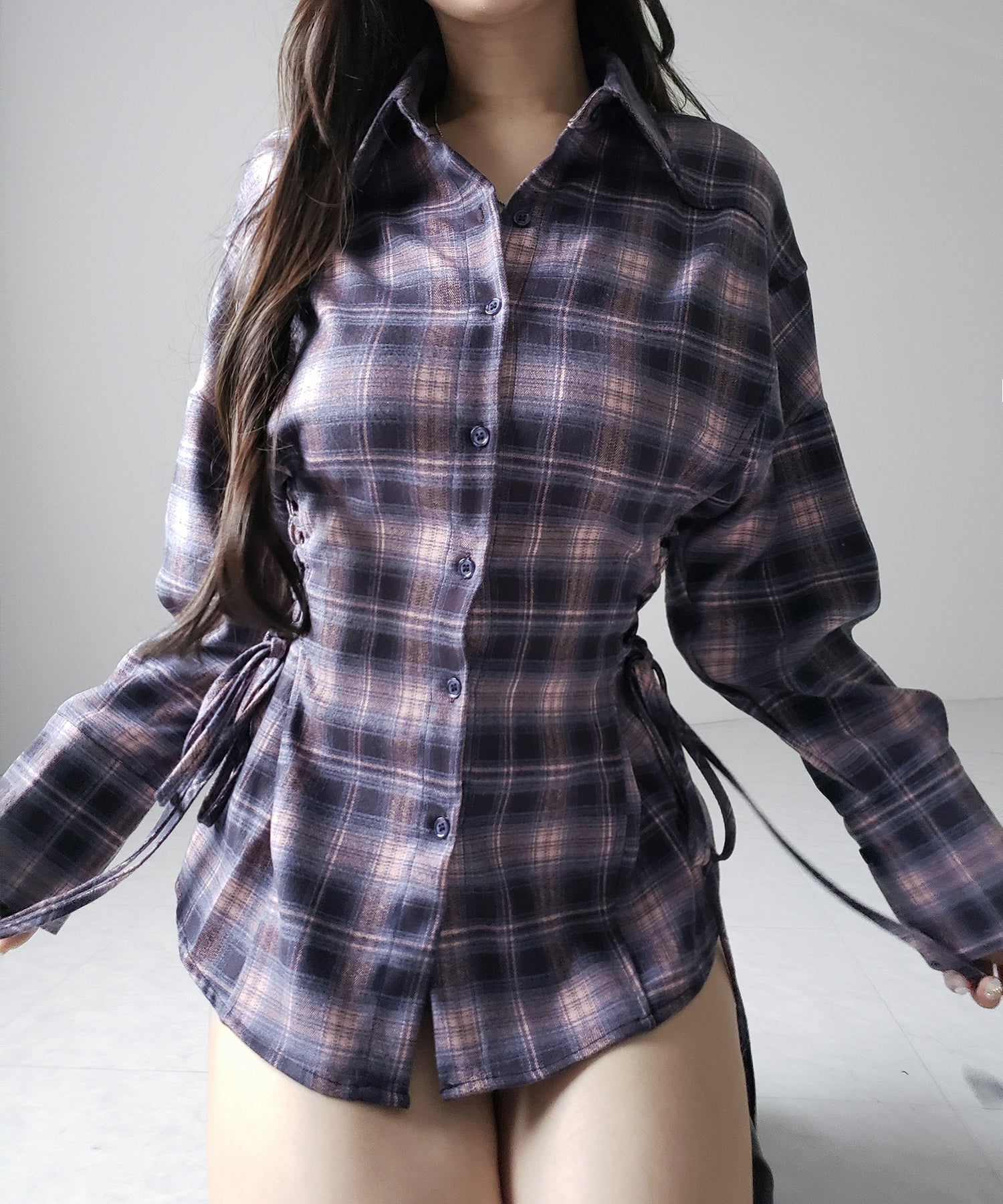 レースアップリボンスリムラインチェックネルシャツ / lace up ribbon slim line check flannel shirt