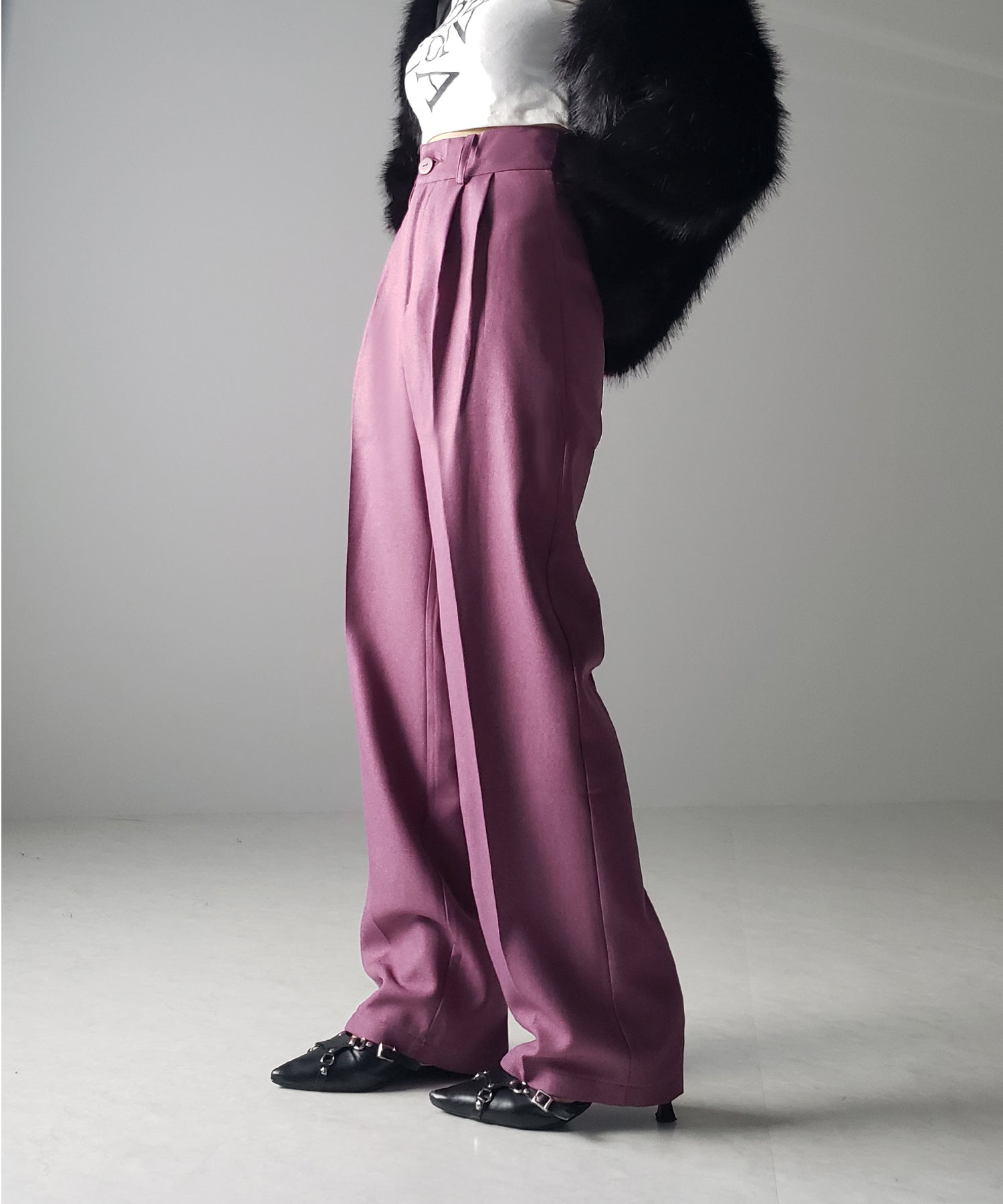 【 秋冬素材で新登場! 】太ベルトハイウエストウールライクカラータックスラックス