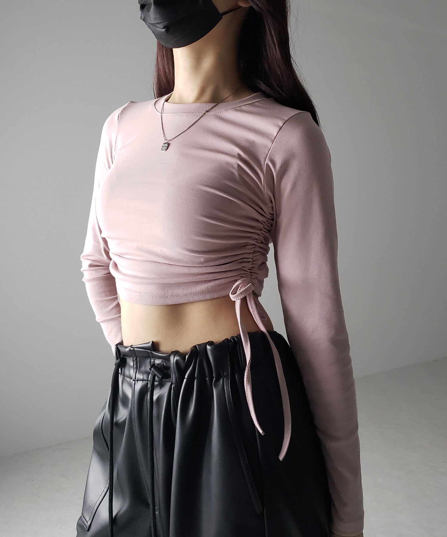 【 7color / 3size 】サイドシャーリングリボンショート長袖Tシャツ