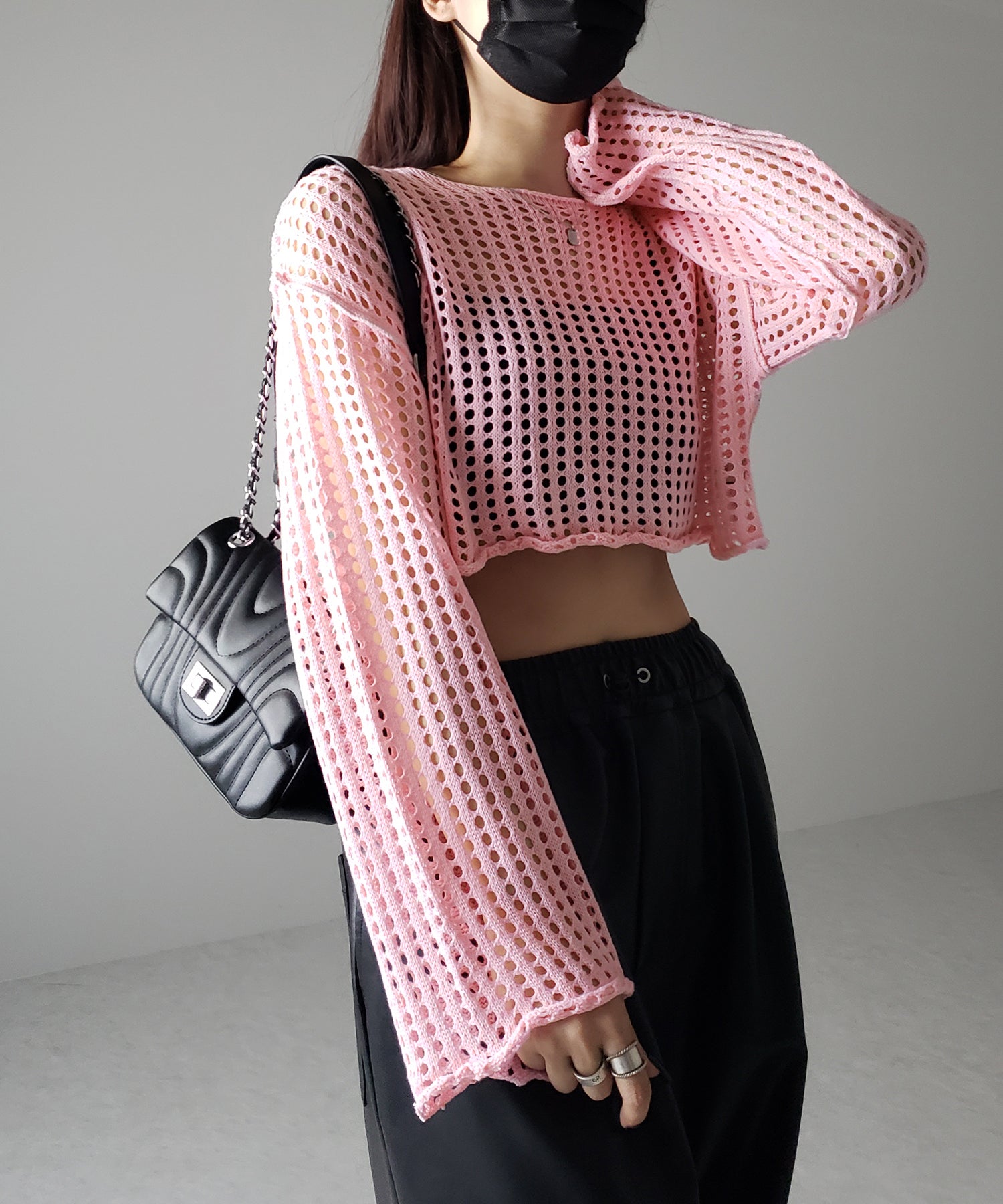 【 6color 】ワイドスリーブステッチクロシェショートニット