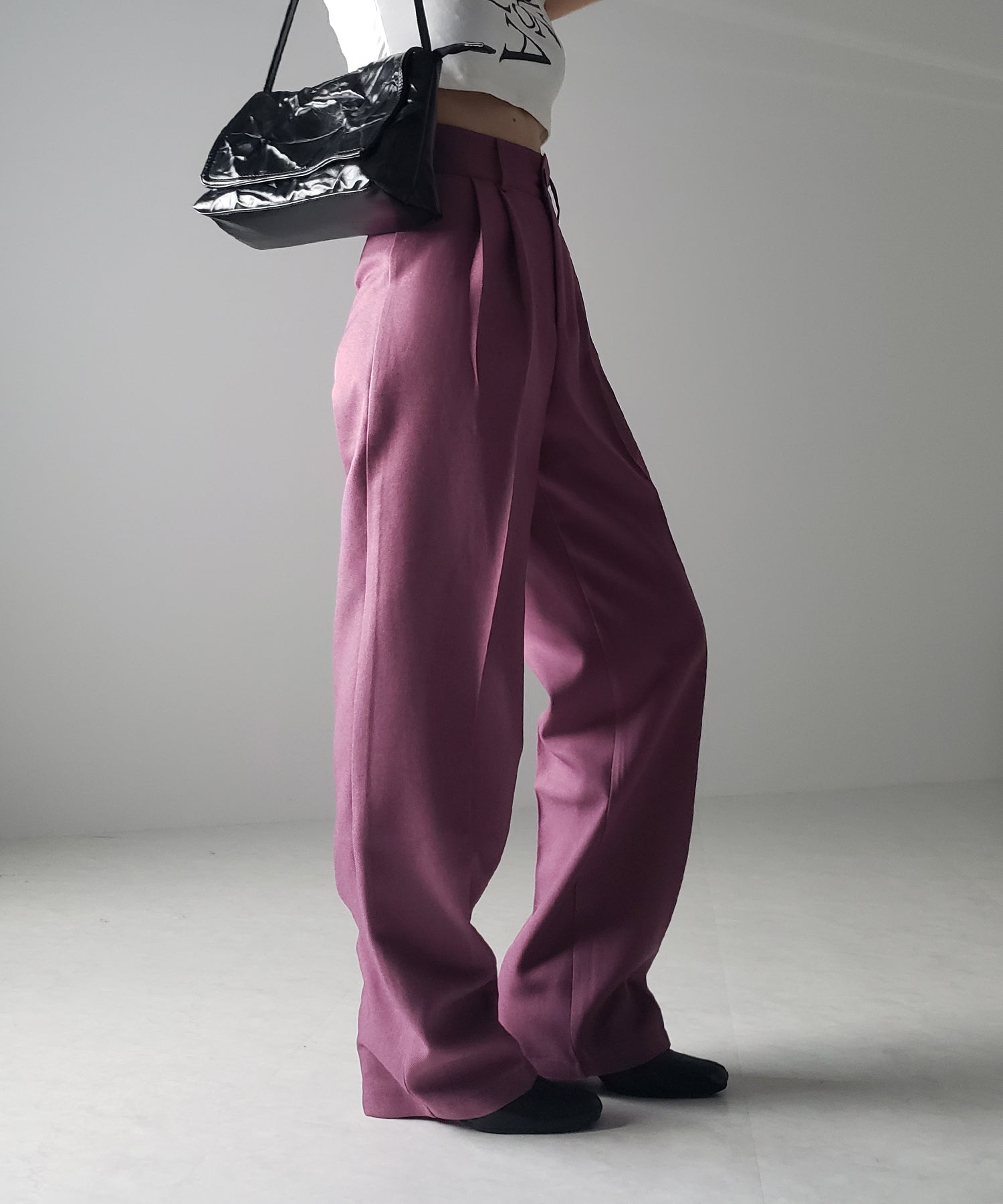 【 秋冬素材で新登場! 】太ベルトハイウエストウールライクカラータックスラックス