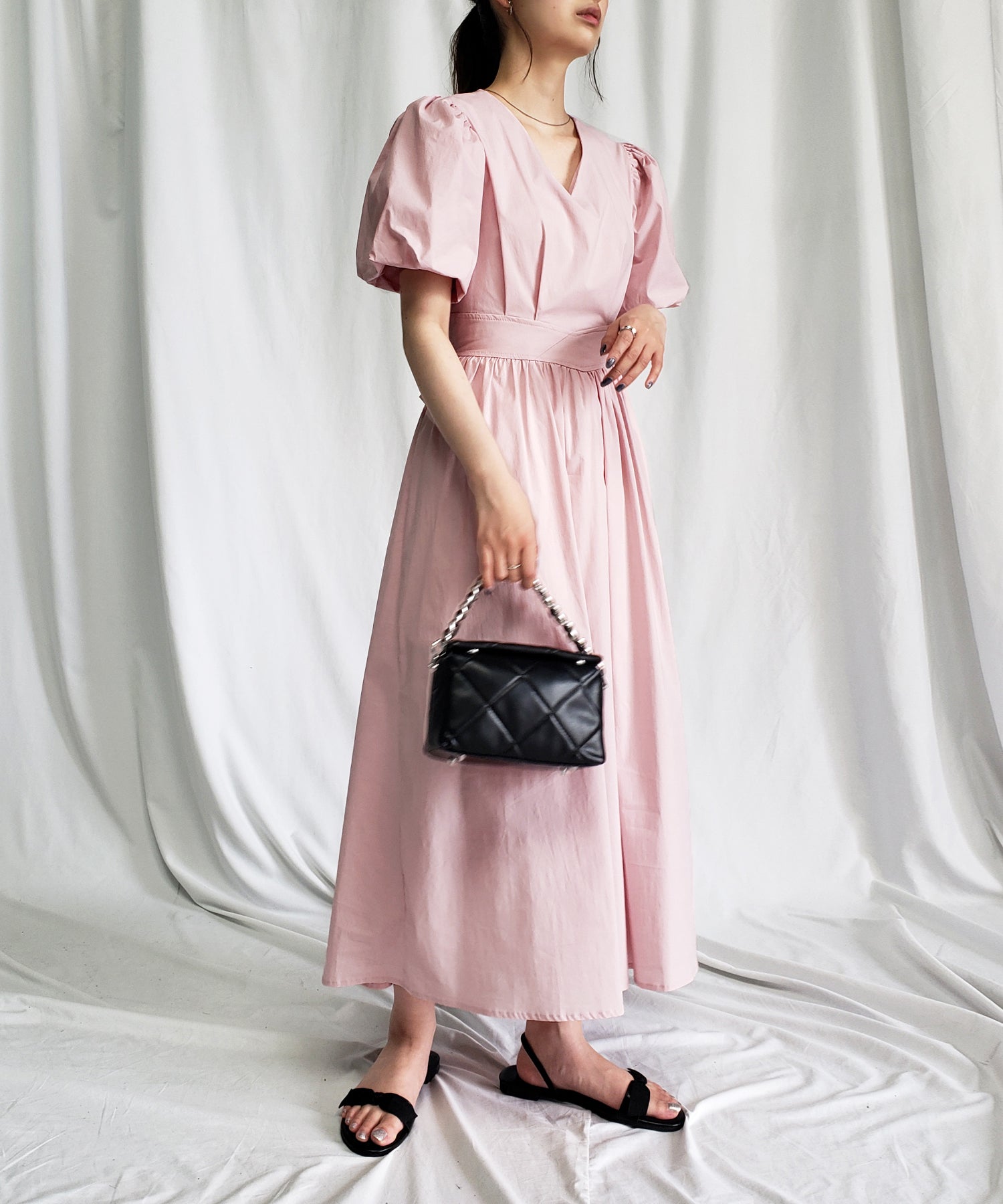 【 5COLOR 】ボリュームスリーブカットアウトバックリボンワンピース