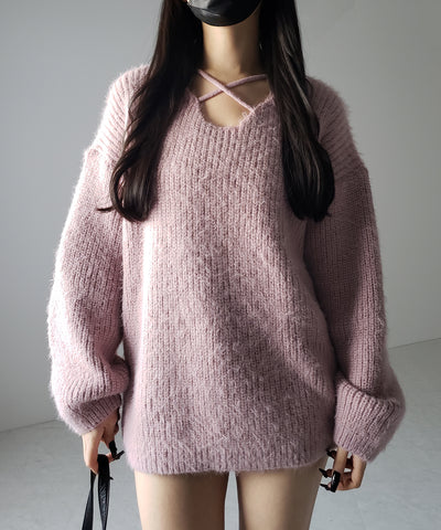 クロスストラップカットアウトルーズシャギーニット