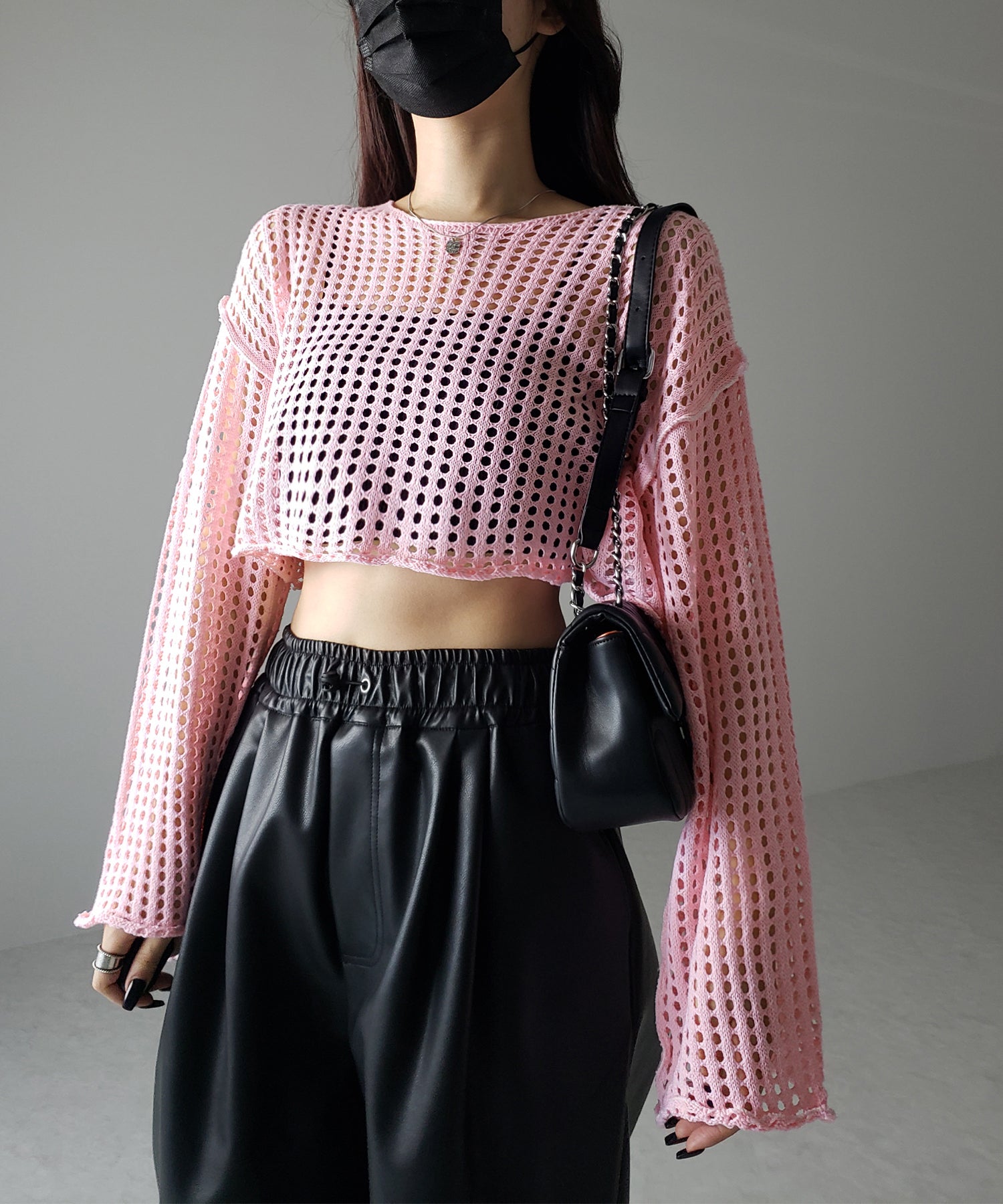 【 6color 】ワイドスリーブステッチクロシェショートニット