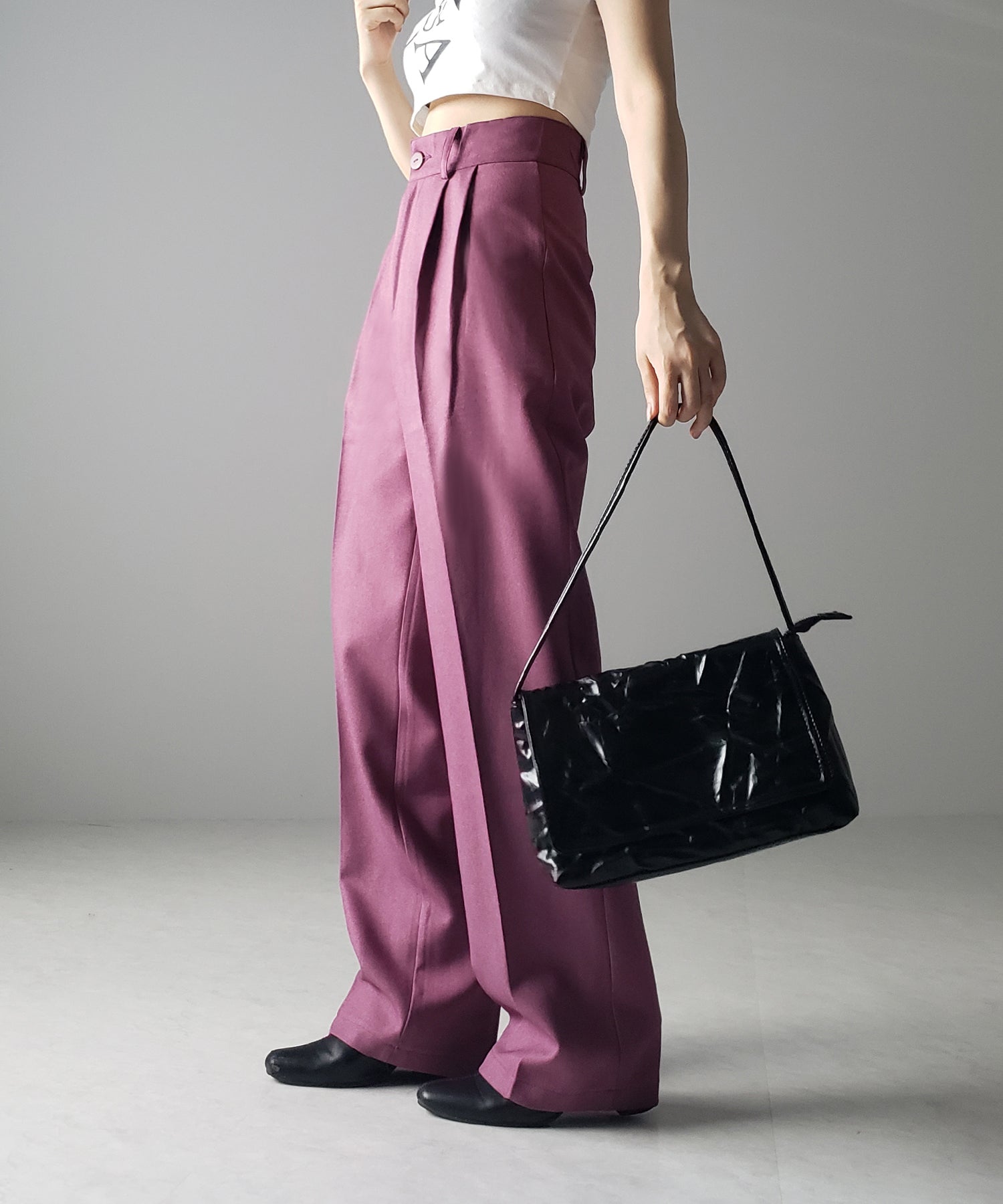 【 秋冬素材で新登場! 】太ベルトハイウエストウールライクカラータックスラックス