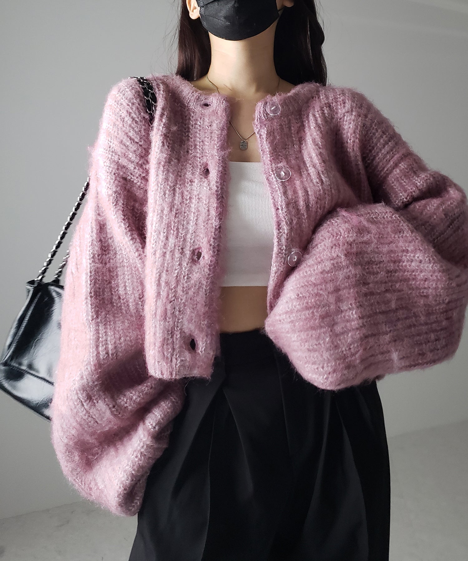 ボリュームワイドスリーブショートシャギーニットカーディガン / volume wide sleeve short shaggy knit cardigan