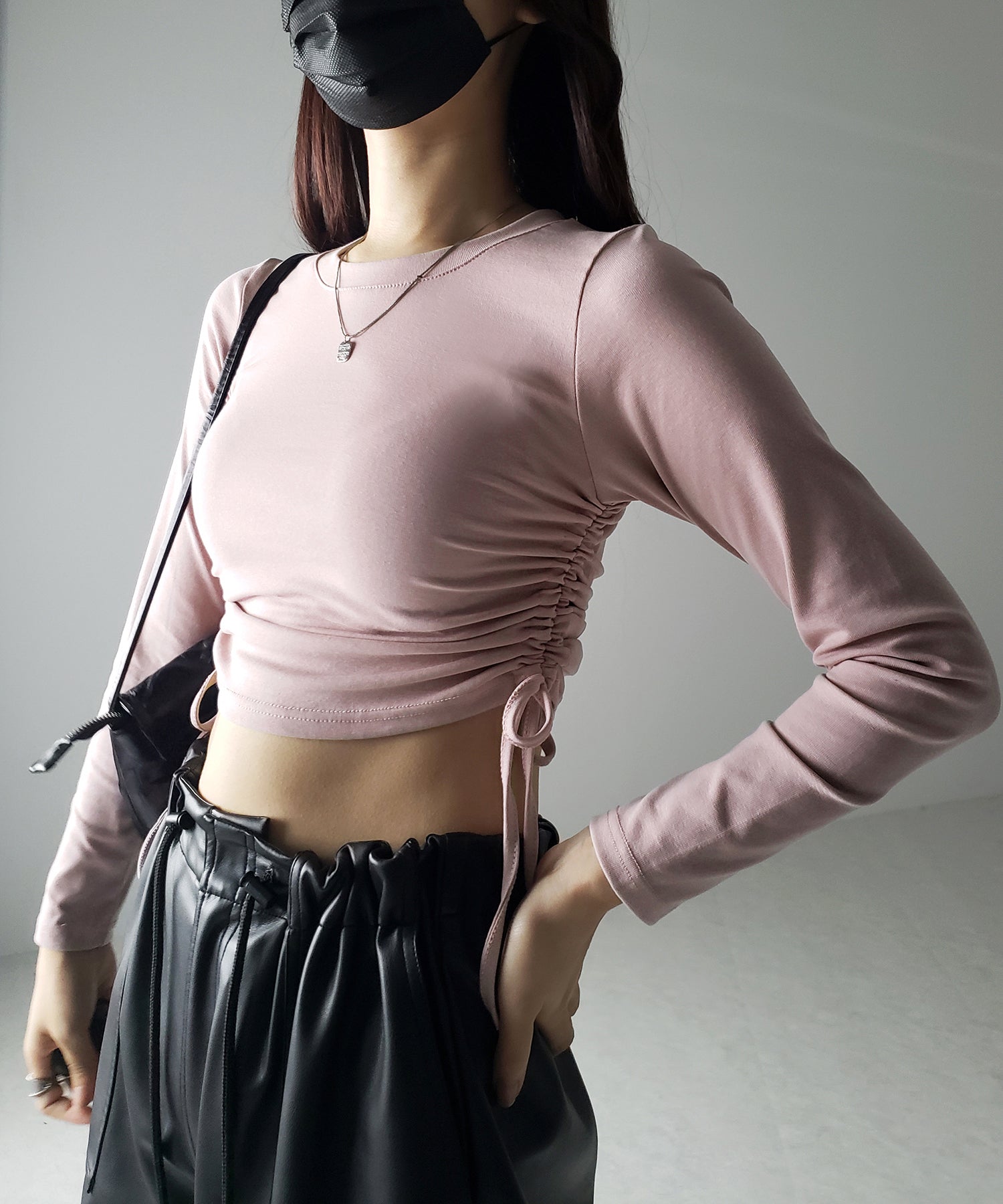 【 7color / 3size 】サイドシャーリングリボンショート長袖Tシャツ