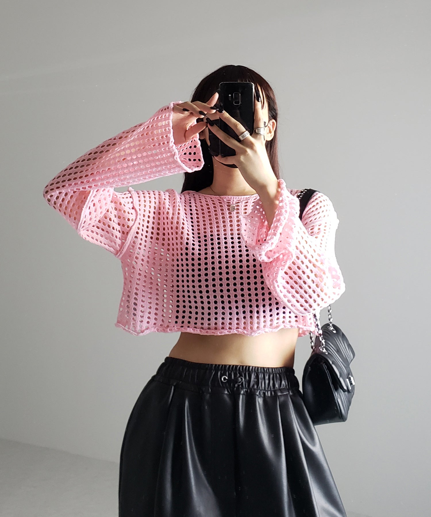 【 6color 】ワイドスリーブステッチクロシェショートニット