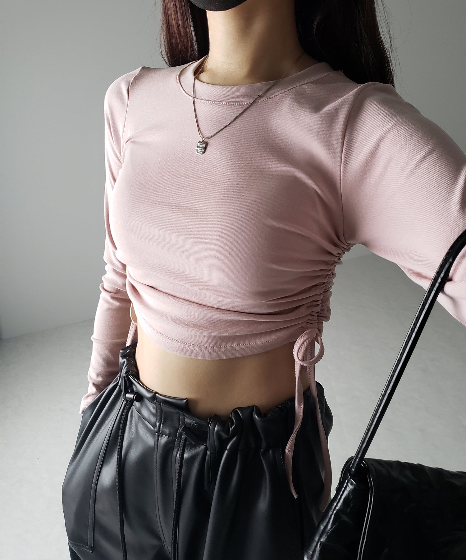 【 7color / 3size 】サイドシャーリングリボンショート長袖Tシャツ