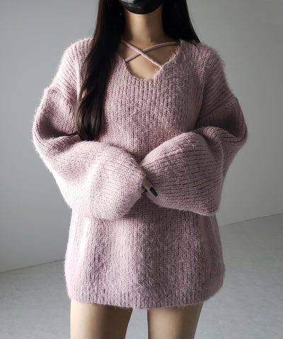 クロスストラップカットアウトルーズシャギーニット