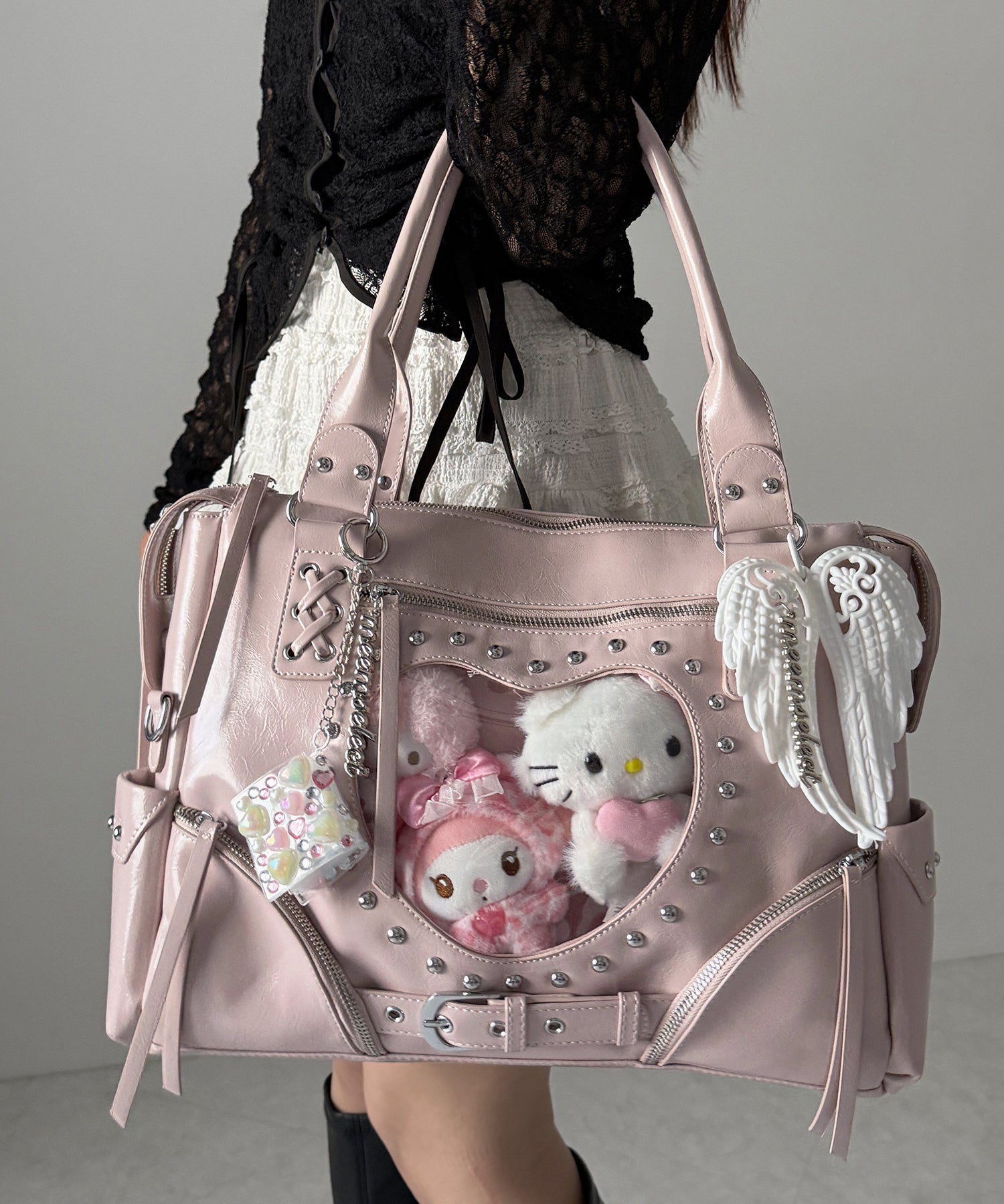 【 限定先行販売 】ハートクリアポケットスタッズフェイクレザートートバッグ / heart clear pocket studs fake leather tote bag